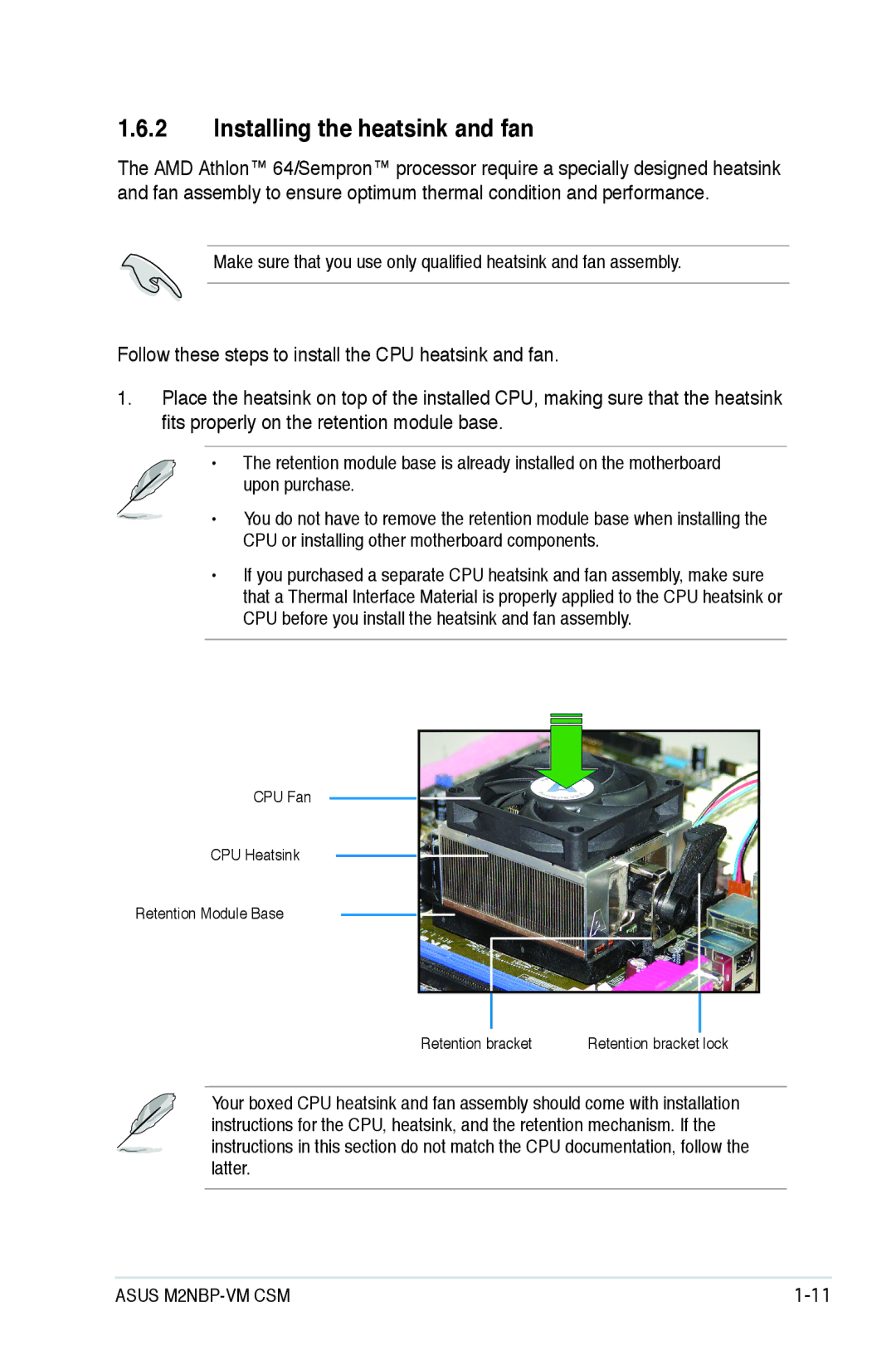 Asus M2NBP-VM CSM manual Installing the heatsink and fan 