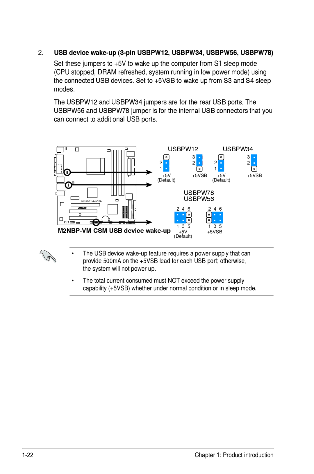 Asus M2NBP-VM CSM manual USB device wake-up 3-pin USBPW12, USBPW34, USBPW56, USBPW78 