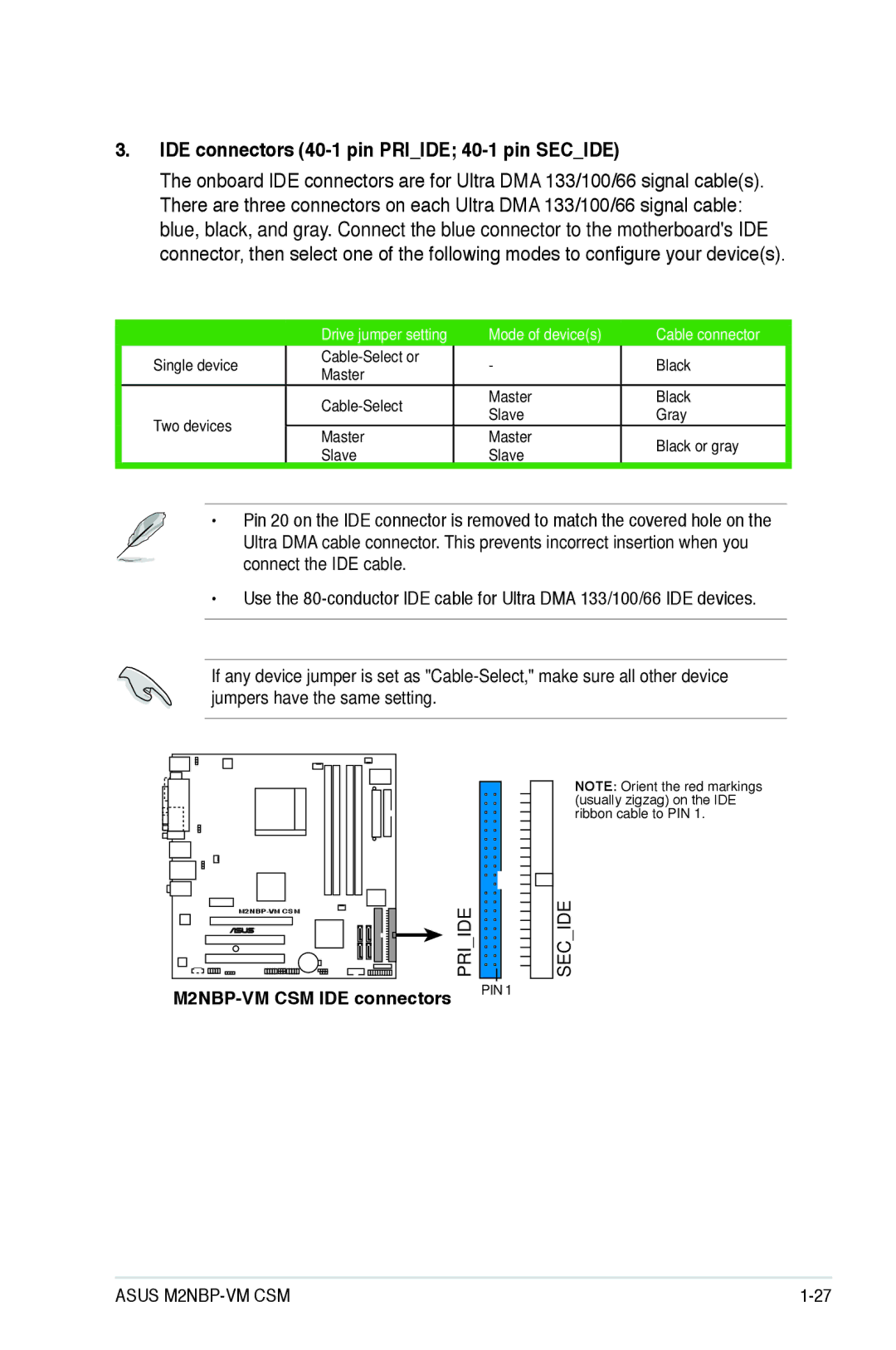 Asus M2NBP-VM CSM manual IDE connectors 40-1 pin Priide 40-1 pin Secide 