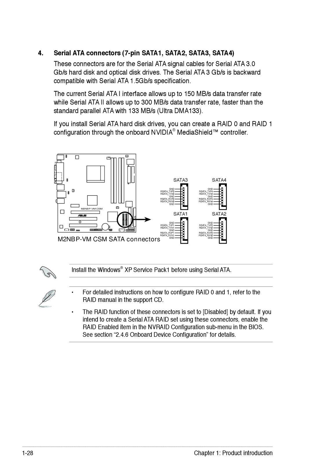 Asus manual Serial ATA connectors 7-pin SATA1, SATA2, SATA3, SATA4, M2NBP-VM CSM Sata connectors 