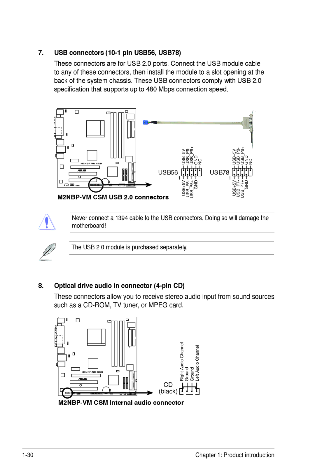 Asus M2NBP-VM CSM manual USB connectors 10-1 pin USB56, USB78, Optical drive audio in connector 4-pin CD 