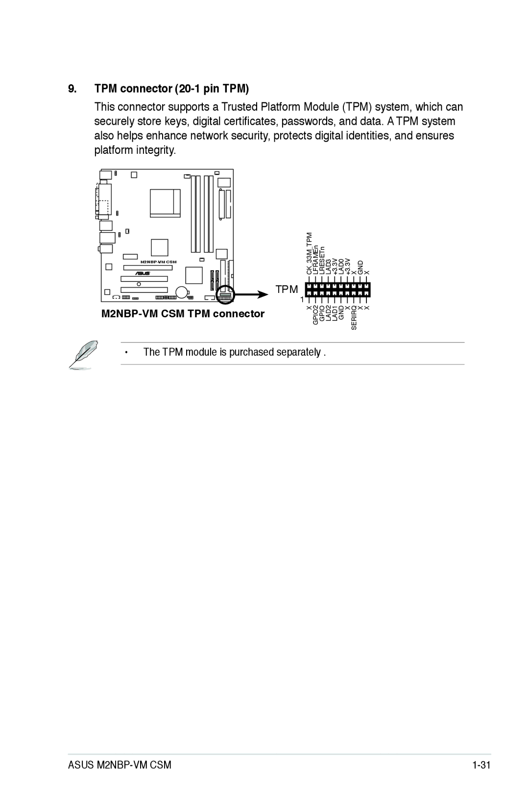 Asus manual TPM connector 20-1 pin TPM, M2NBP-VM CSM TPM connector 