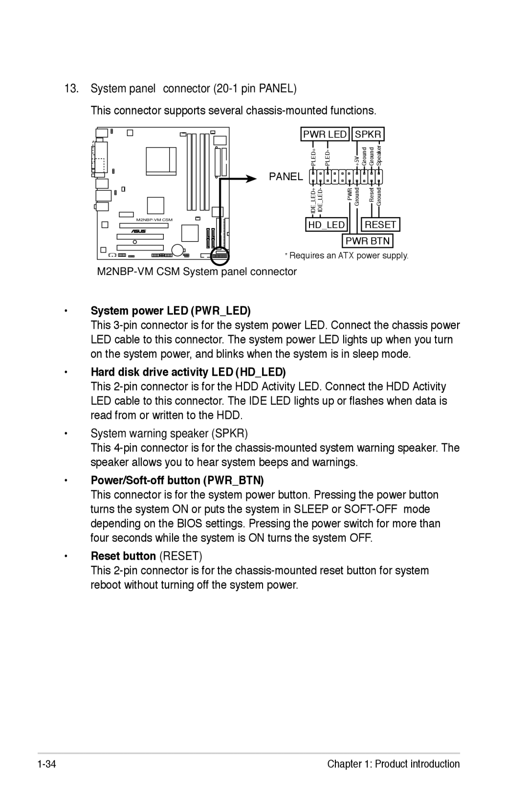 Asus M2NBP-VM CSM manual System panel connector 20-1 pin Panel, System power LED Pwrled, Hard disk drive activity LED Hdled 