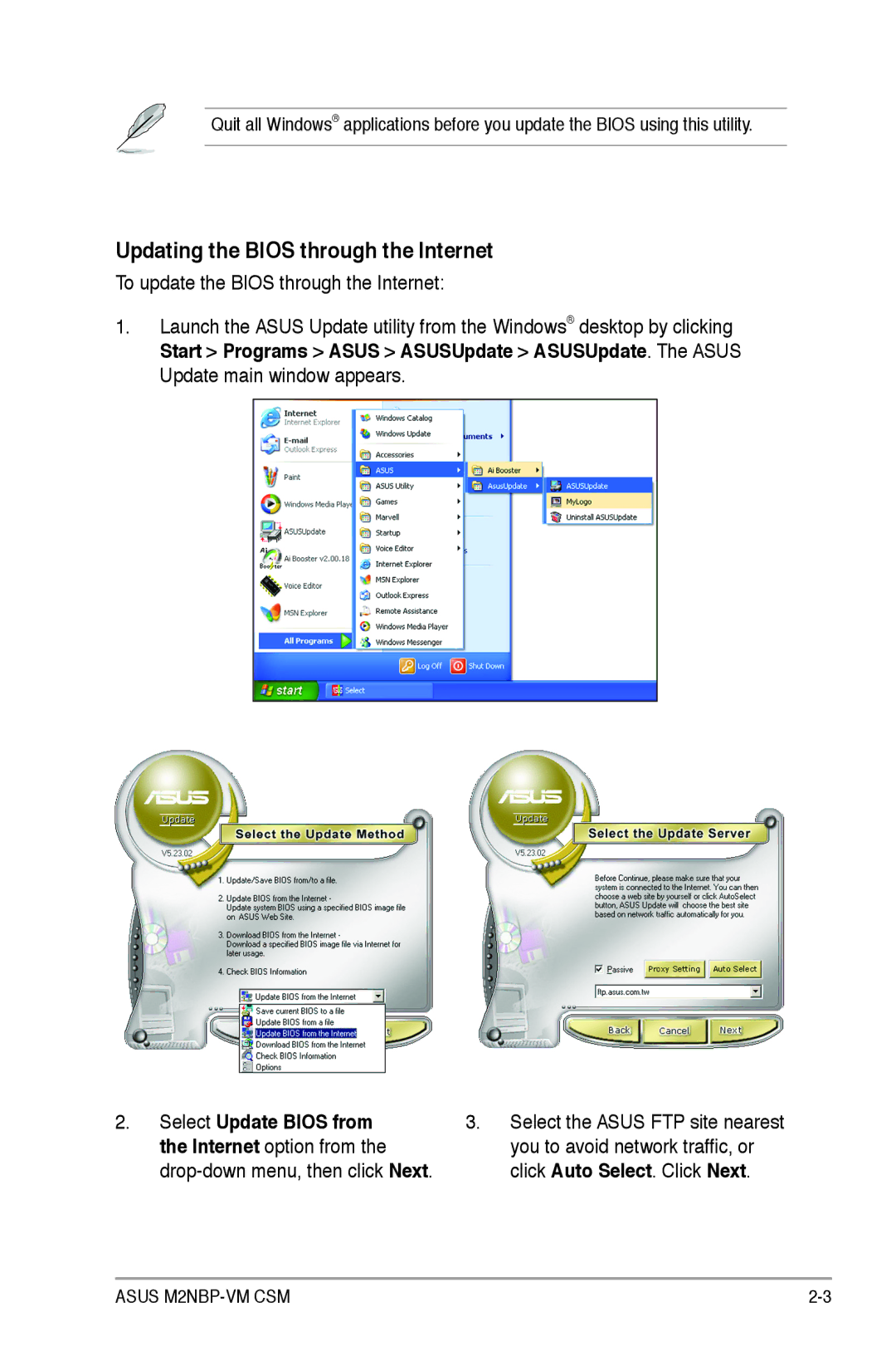 Asus M2NBP-VM CSM manual Updating the Bios through the Internet 