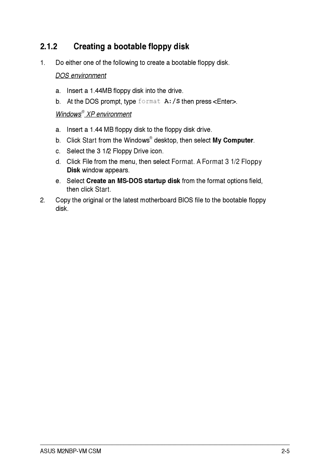 Asus M2NBP-VM CSM manual Creating a bootable floppy disk, DOS environment 