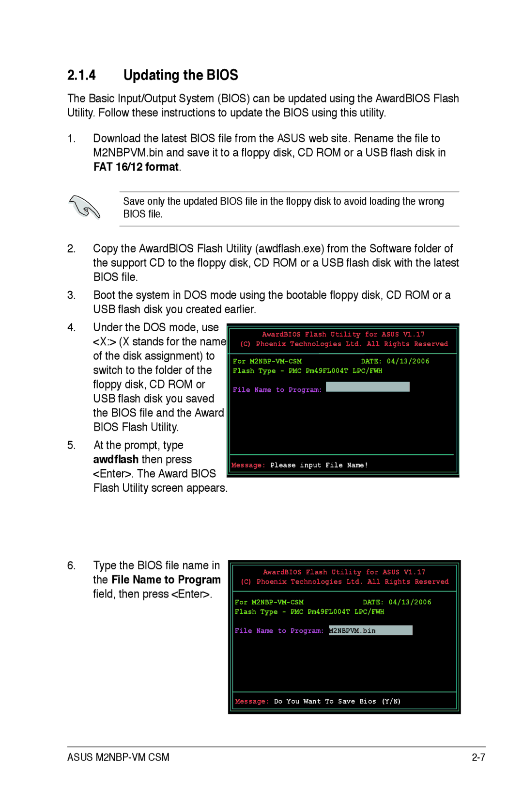 Asus M2NBP-VM CSM manual Updating the Bios, FAT 16/12 format, Bios Flash Utility, Enter. The Award Bios 