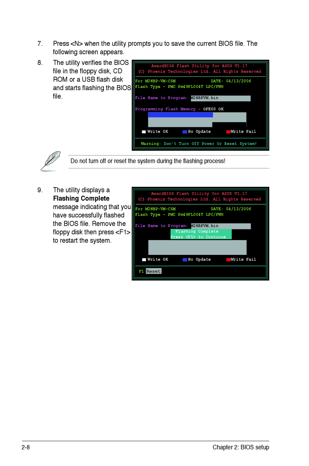 Asus M2NBP-VM CSM manual Utility displays a, No Update, Complete, Write OK, Write Fail 