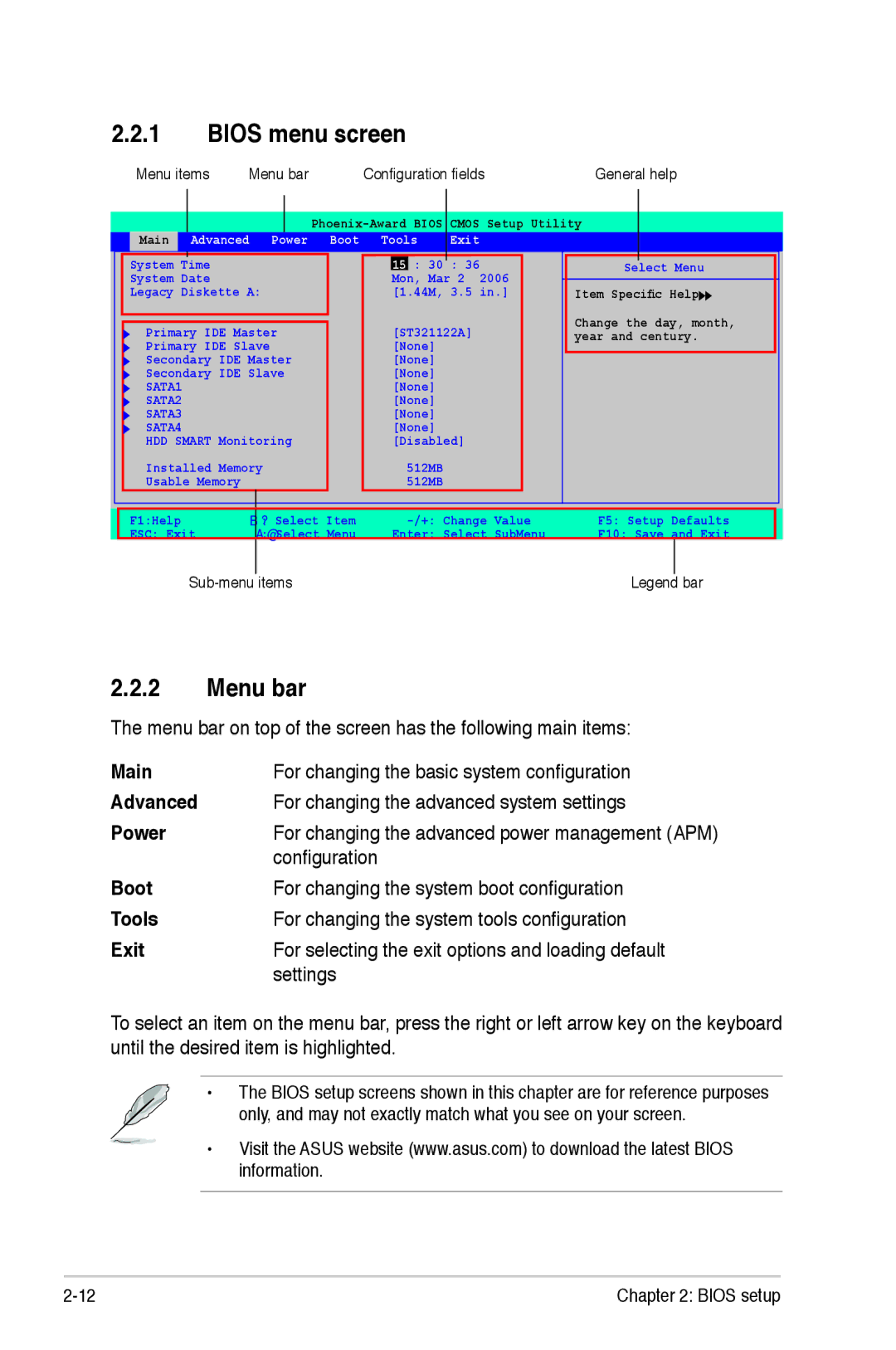 Asus M2NBP-VM CSM manual Bios menu screen, Menu bar on top of the screen has the following main items, Configuration 