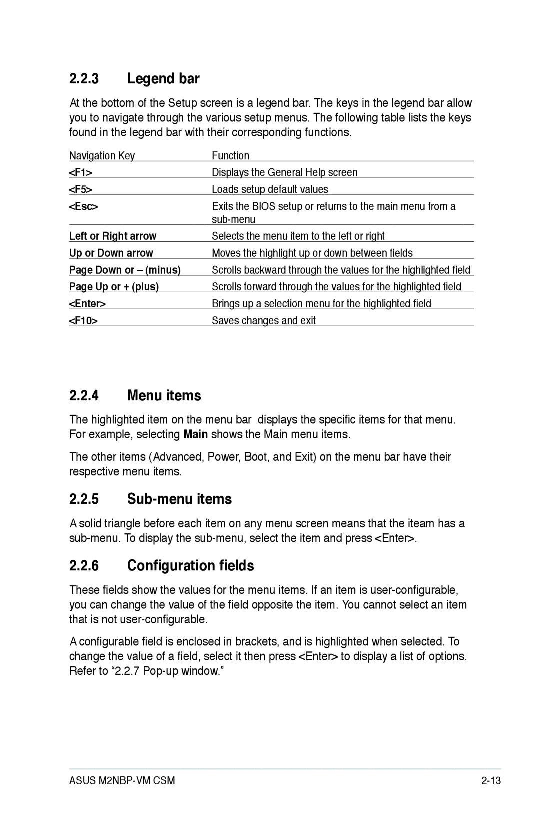 Asus M2NBP-VM CSM manual Menu items, Sub-menu items, Configuration fields 