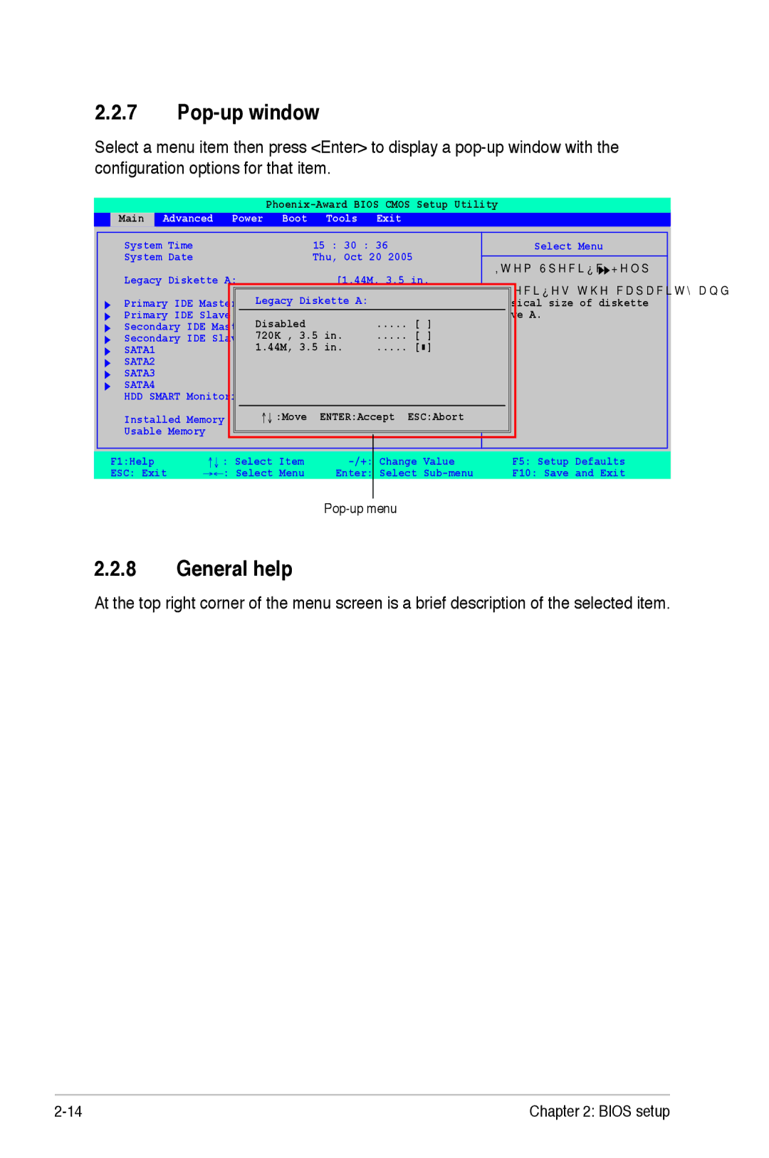 Asus M2NBP-VM CSM manual Pop-up window, General help, Advanced Power, Tools Exit 