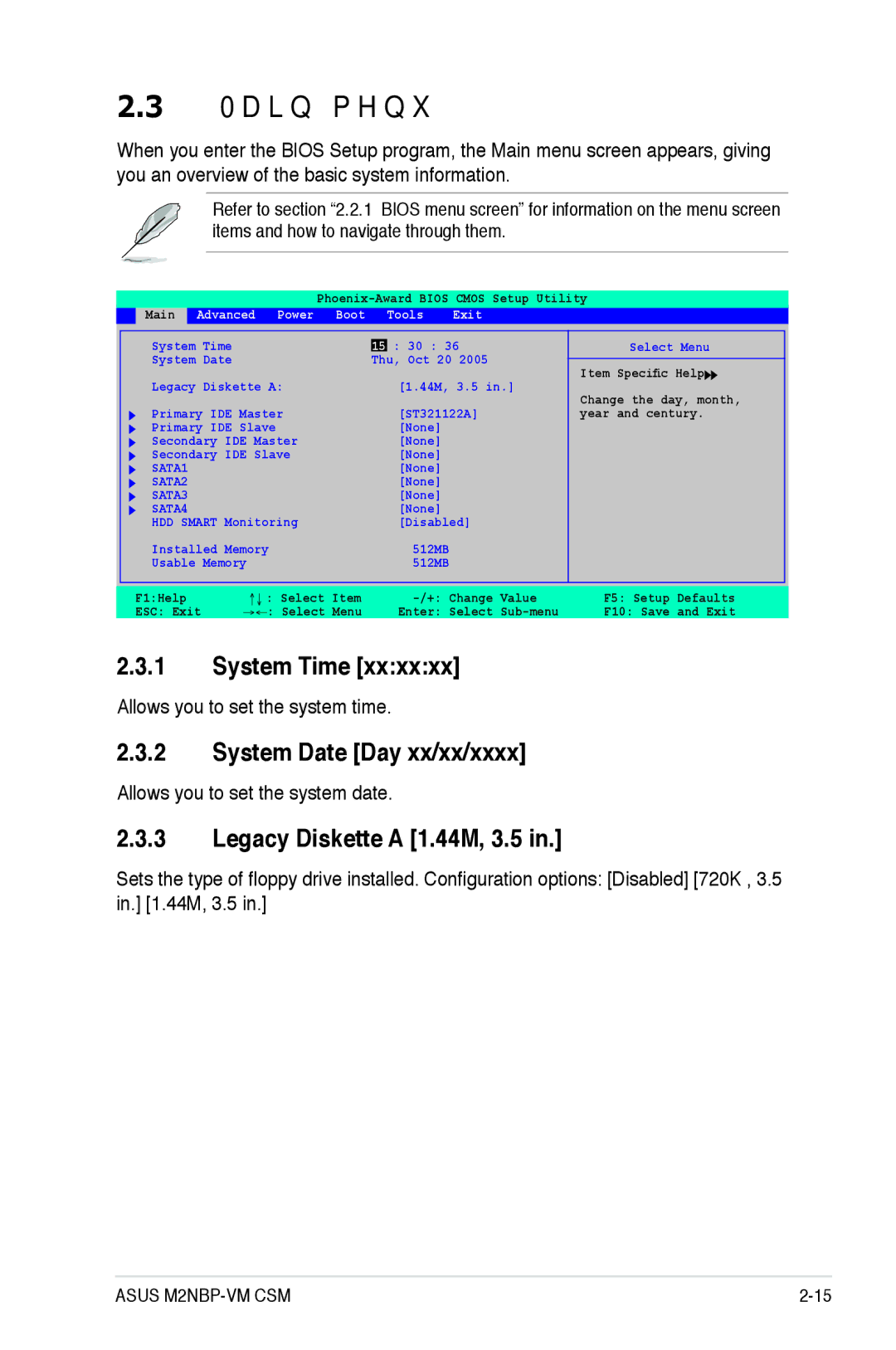 Asus M2NBP-VM CSM manual Main menu, System Time, System Date Day xx/xx/xxxx, Legacy Diskette a 1.44M, 3.5 