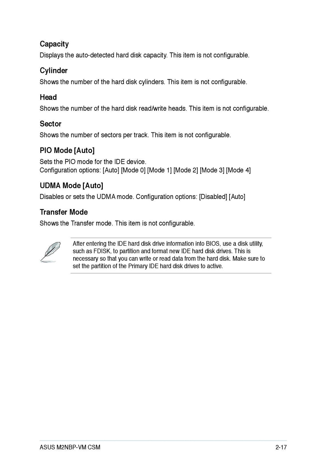 Asus M2NBP-VM CSM manual Capacity, Cylinder, Head, Sector, PIO Mode Auto, Udma Mode Auto, Transfer Mode 