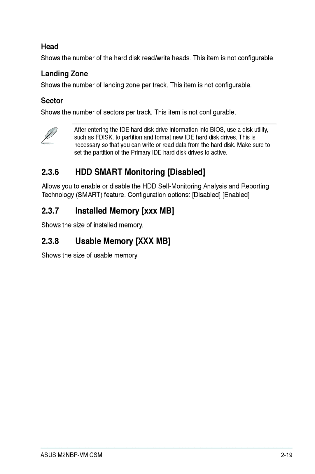 Asus M2NBP-VM CSM manual HDD Smart Monitoring Disabled, Installed Memory xxx MB, Usable Memory XXX MB, Landing Zone 