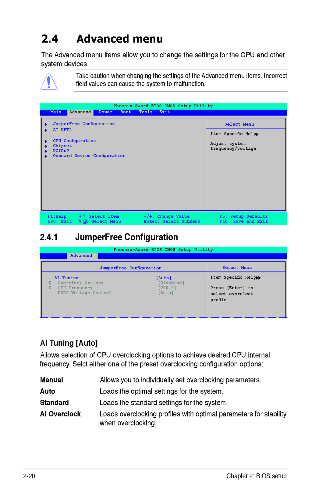 Asus M2NBP-VM CSM manual Advanced menu, JumperFree Configuration, AI Tuning Auto, When overclocking 