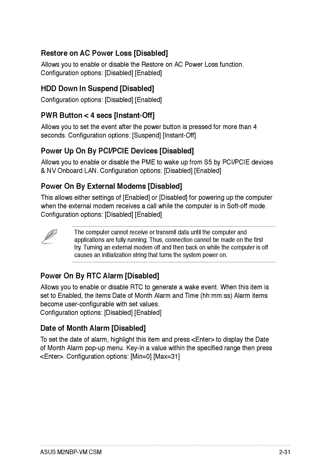 Asus M2NBP-VM CSM manual Restore on AC Power Loss Disabled, HDD Down In Suspend Disabled, PWR Button 4 secs Instant-Off 