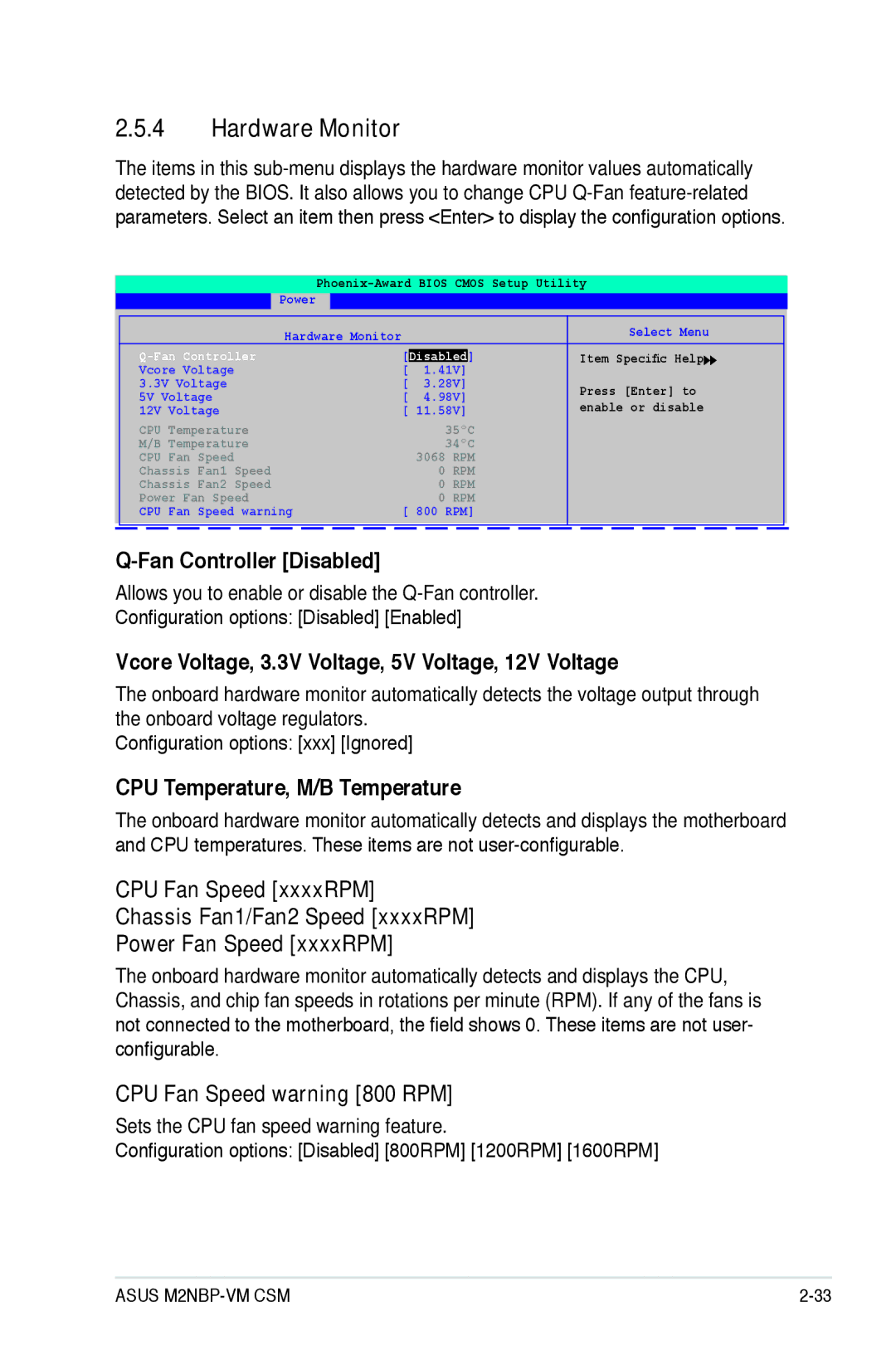 Asus M2NBP-VM CSM manual Hardware Monitor, Fan Controller Disabled, Vcore Voltage, 3.3V Voltage, 5V Voltage, 12V Voltage 