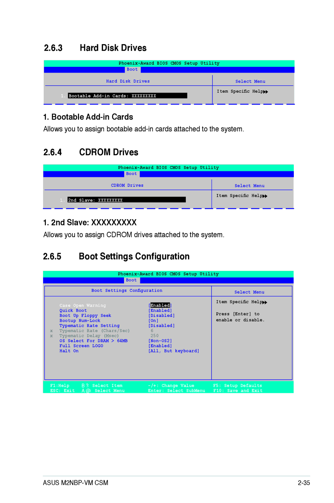 Asus M2NBP-VM CSM manual Hard Disk Drives, Cdrom Drives, Boot Settings Configuration, 2nd Slave 