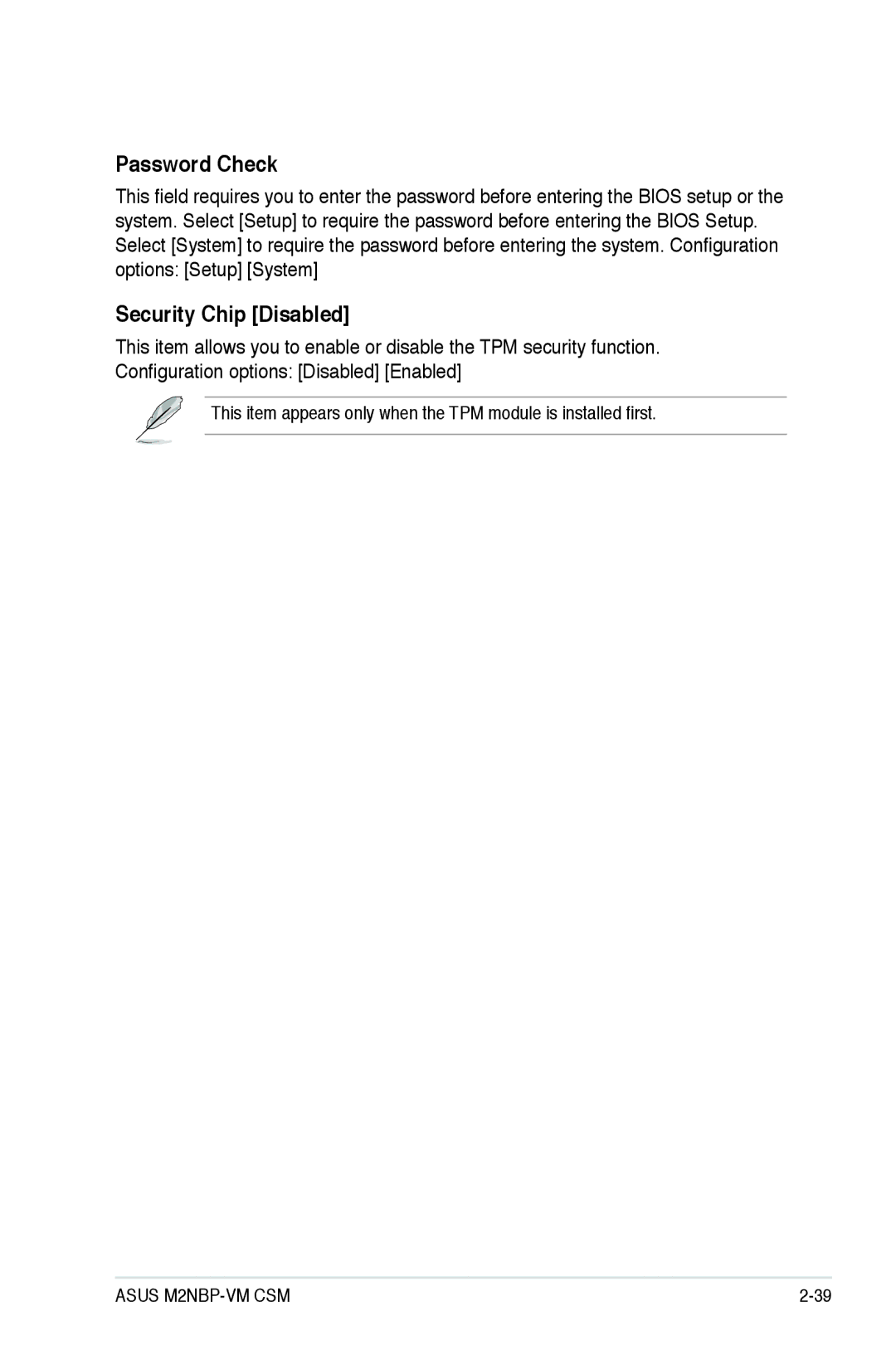 Asus M2NBP-VM CSM manual Password Check, Security Chip Disabled 