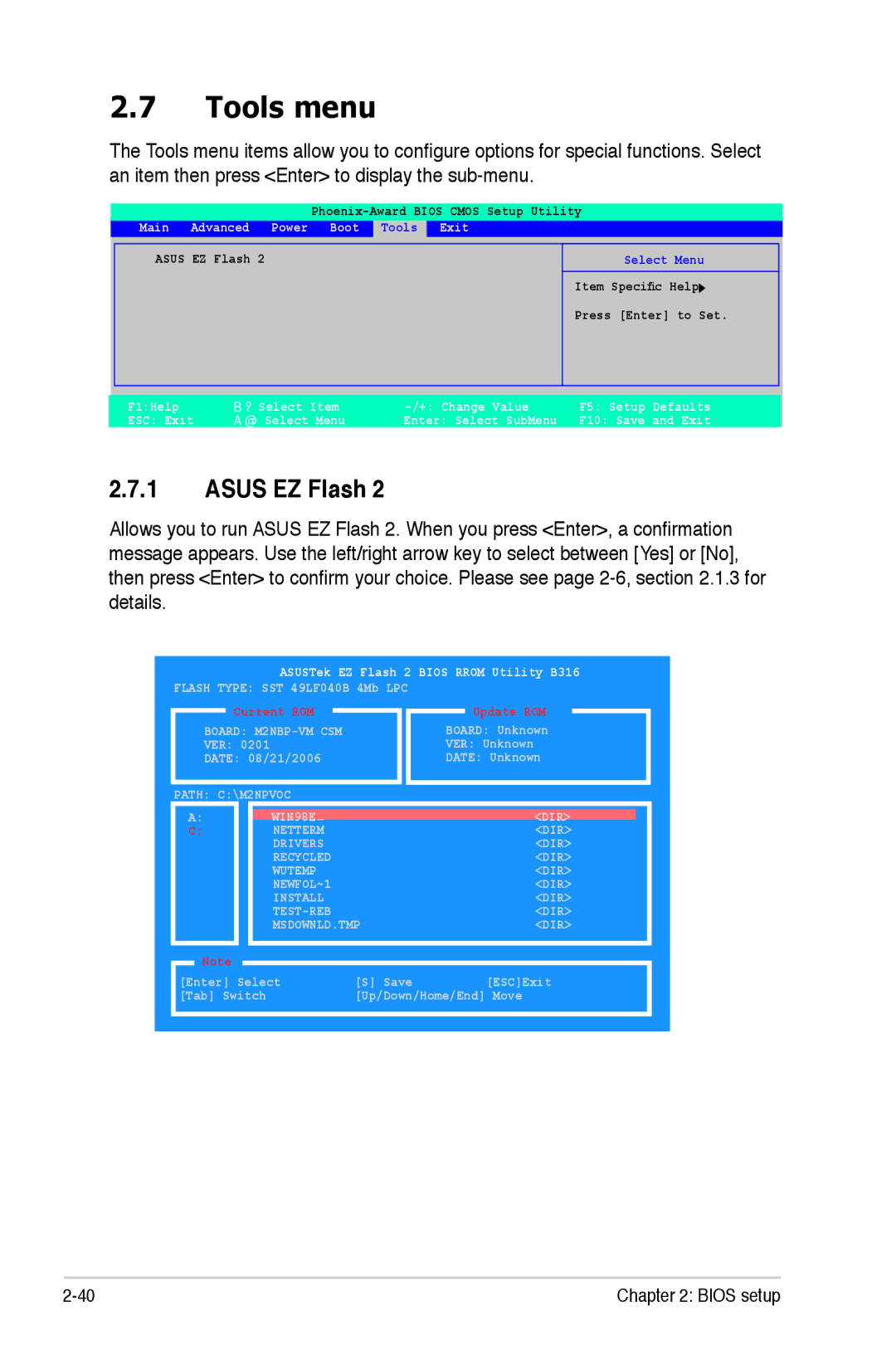 Asus M2NBP-VM CSM manual Tools menu, Asus EZ Flash, Main Advanced Power Boot Tools Exit 