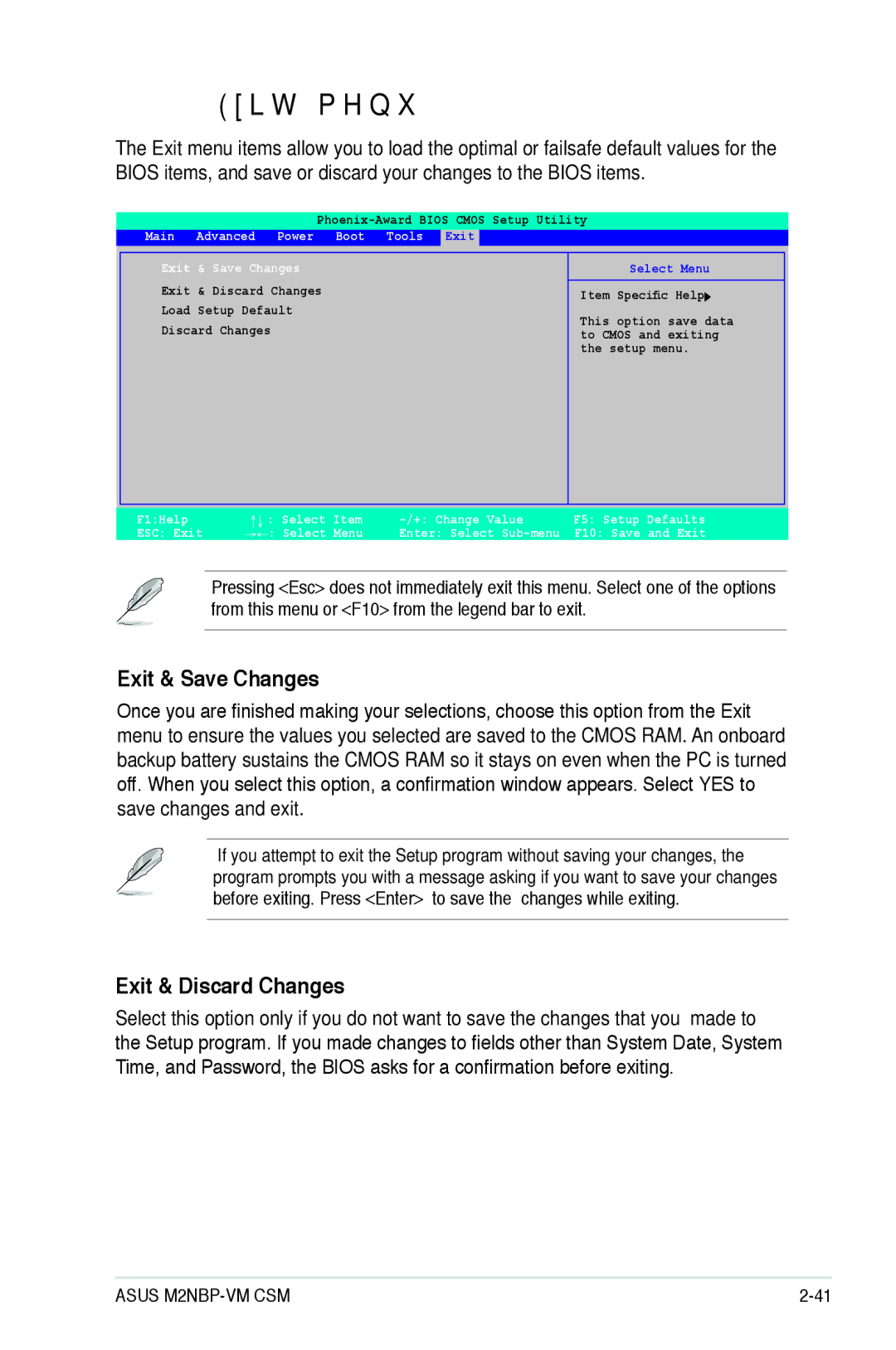 Asus M2NBP-VM CSM manual Exit menu, Exit & Save Changes, Exit & Discard Changes, Main Advanced Power Boot Tools 