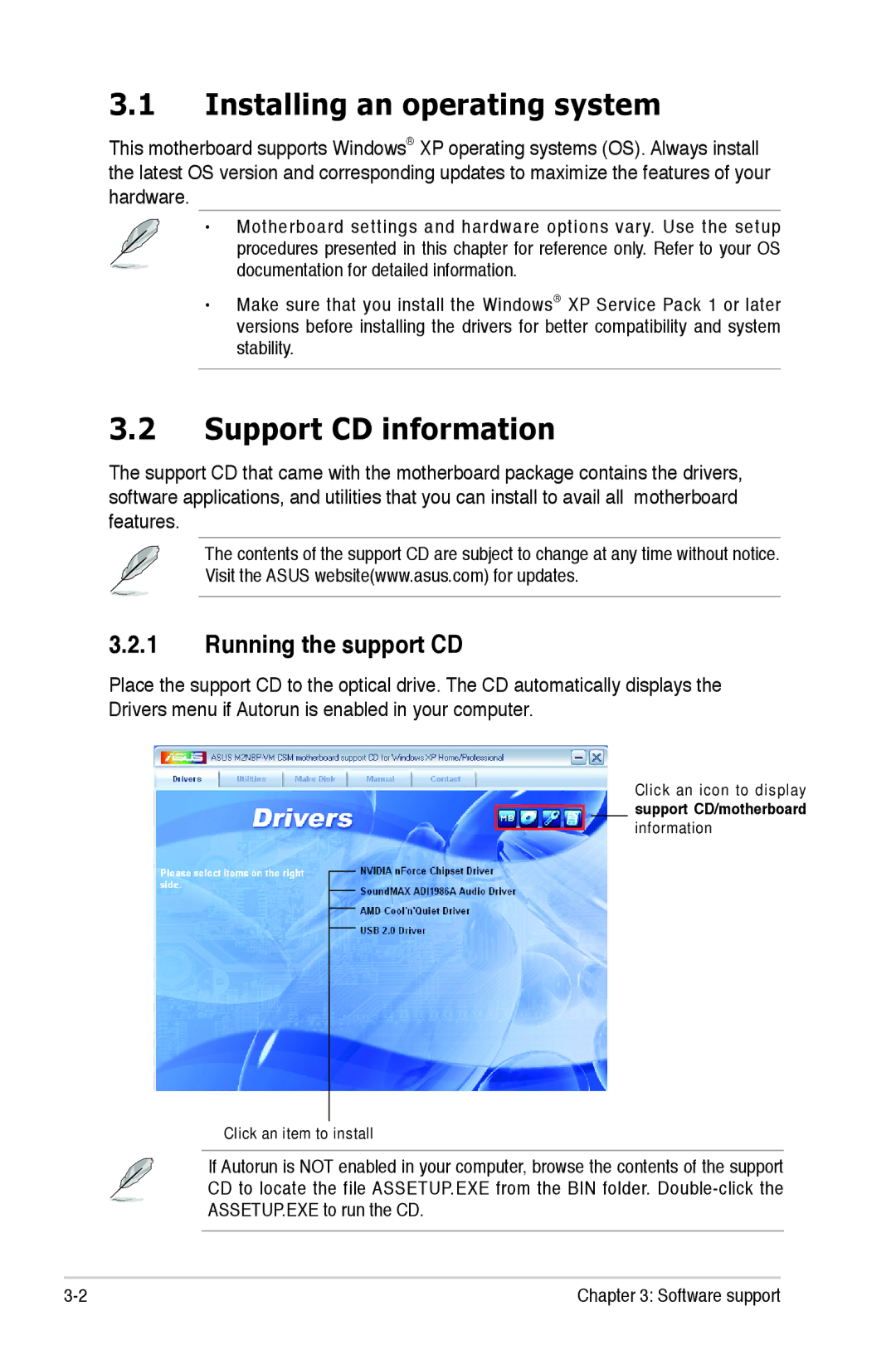 Asus M2NBP-VM CSM manual Installing an operating system, Support CD information, Running the support CD 