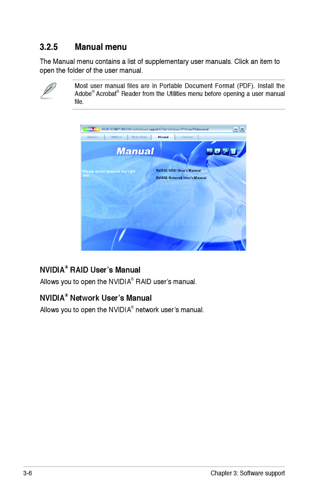 Asus M2NBP-VM CSM manual Manual menu, Nvidia RAID User’s Manual, Nvidia Network User’s Manual 