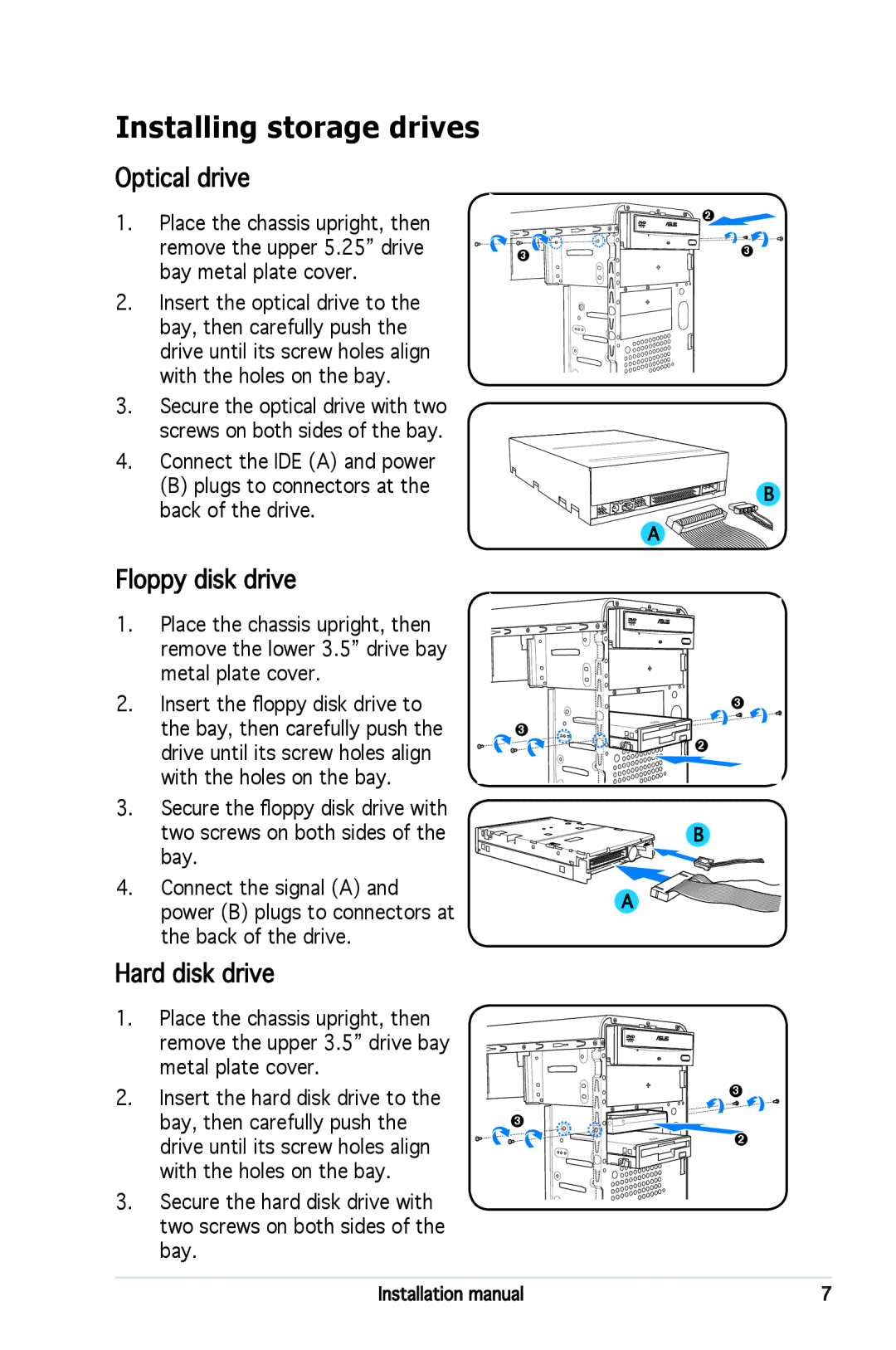 Asus M2NC61S installation manual Installing storage drives, Optical drive 