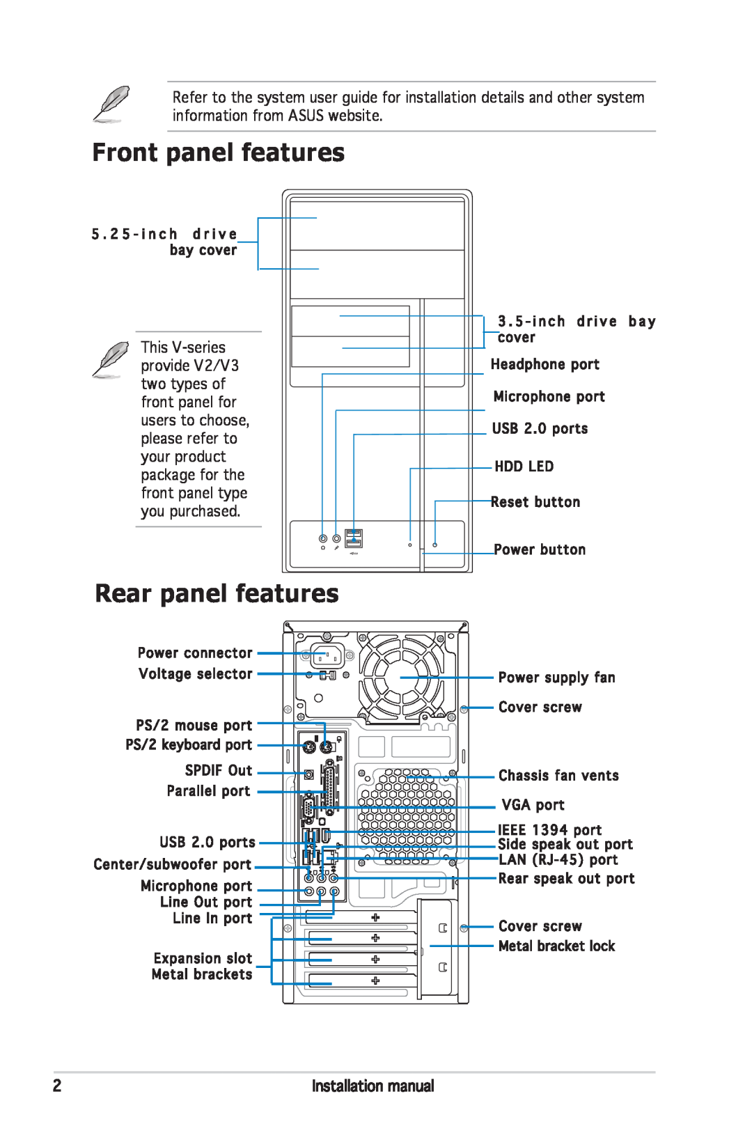 Asus M2NC61S installation manual Front panel features, Rear panel features 