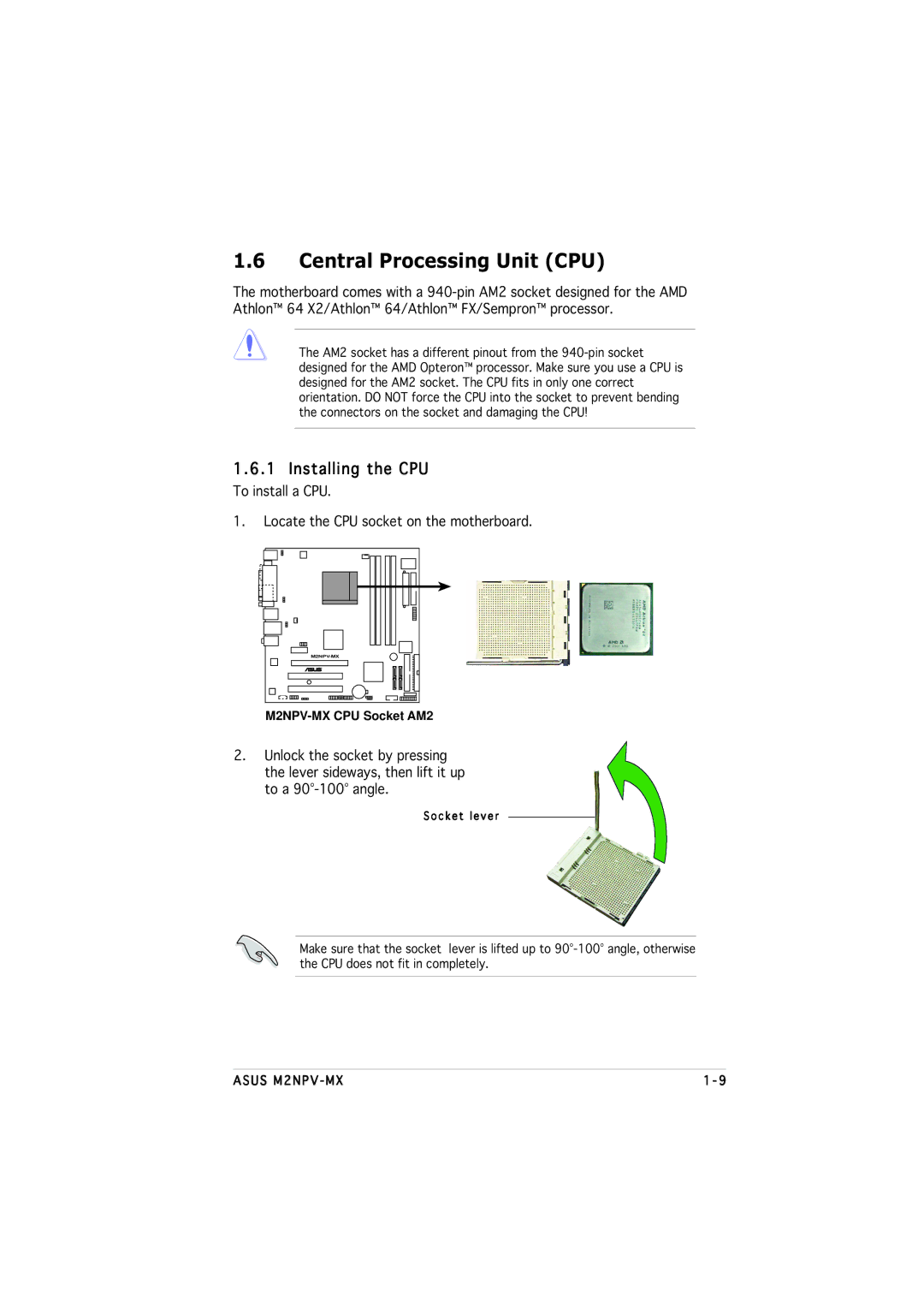 Asus M2NPV-MX manual Central Processing Unit CPU, Installing the CPU 