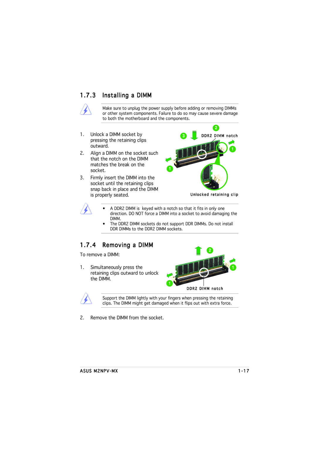 Asus M2NPV-MX manual Installing a Dimm, Removing a Dimm, Is properly seated 