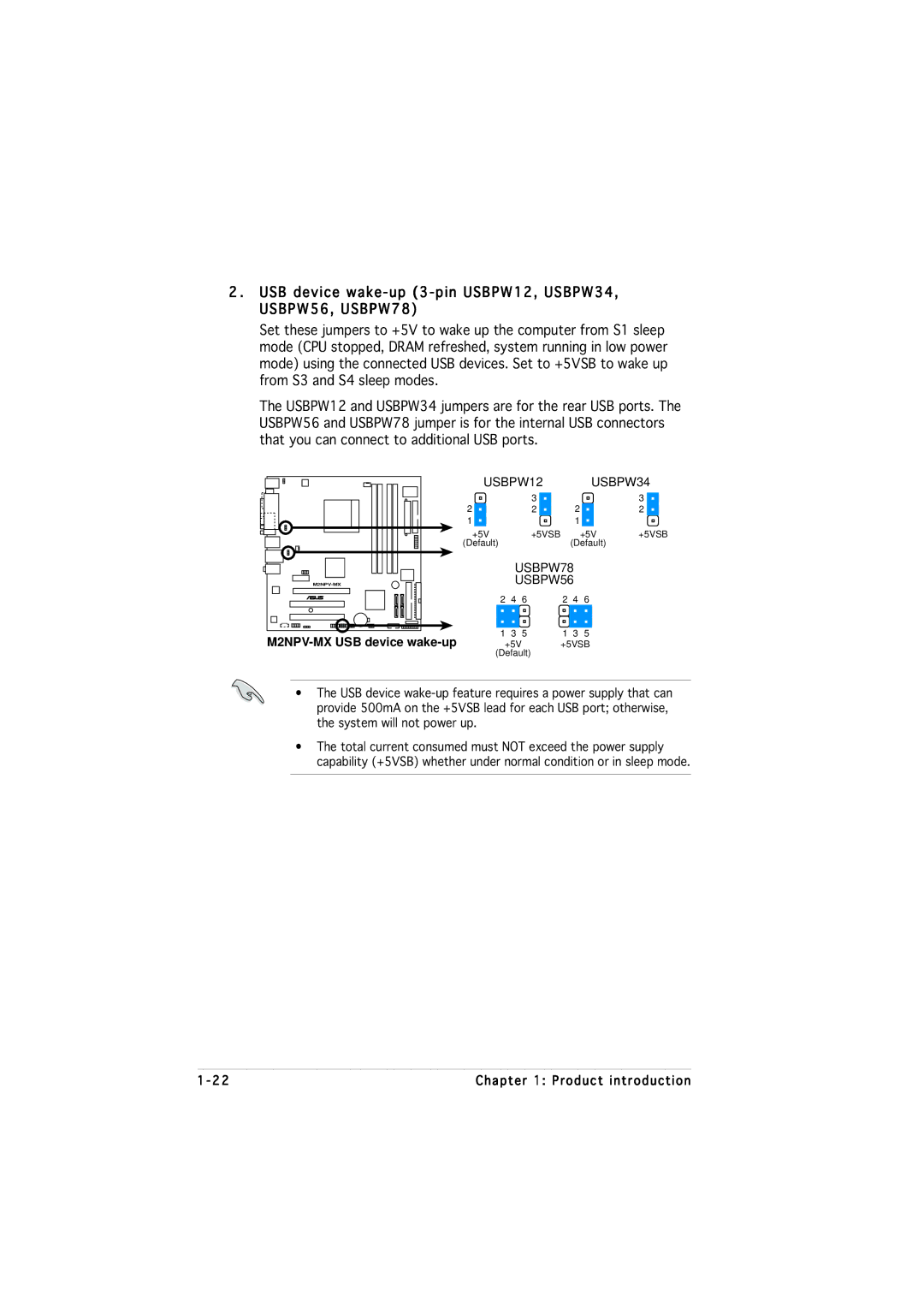 Asus manual USB device wake-up 3-pin USBPW12, USBPW34, USBPW56, USBPW78, M2NPV-MX USB device wake-up 