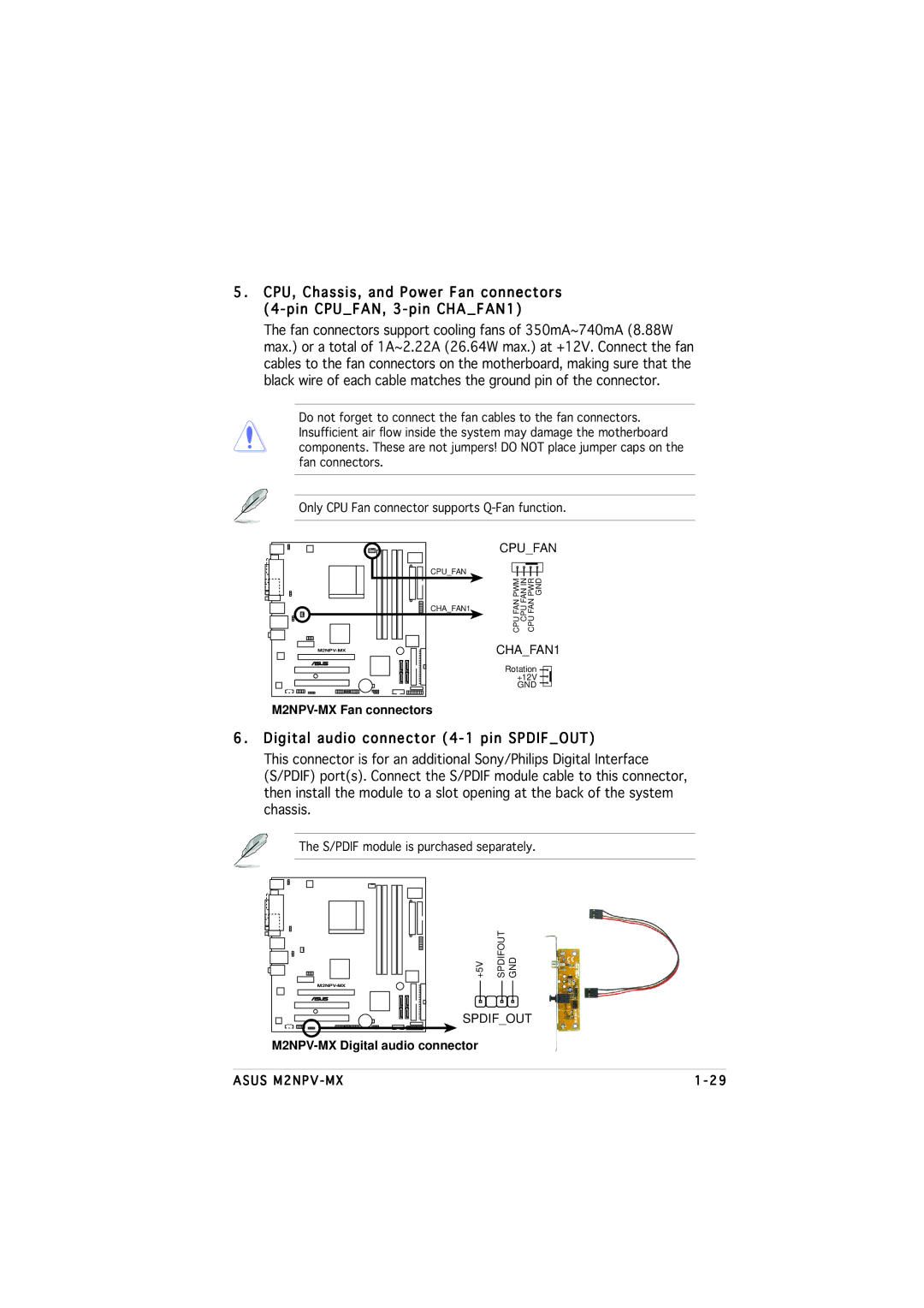 Asus M2NPV-MX manual Digital audio connector 4-1 pin Spdifout 