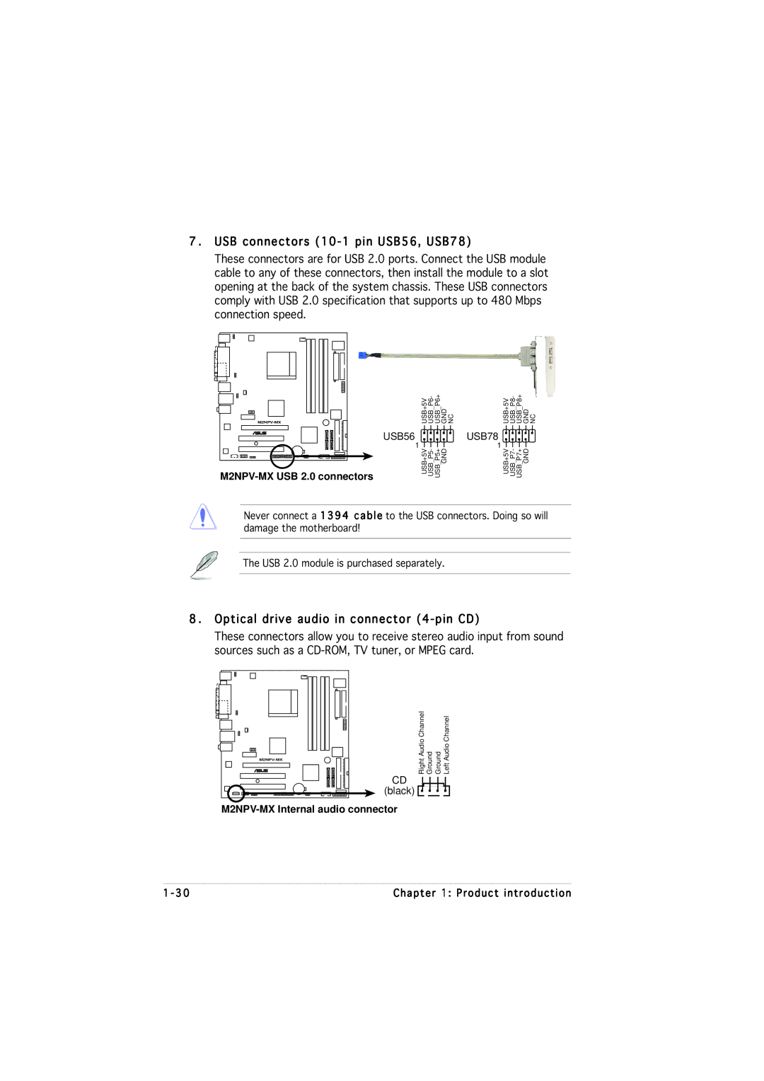 Asus M2NPV-MX manual USB connectors 10-1 pin USB56, USB78, Optical drive audio in connector 4-pin CD 