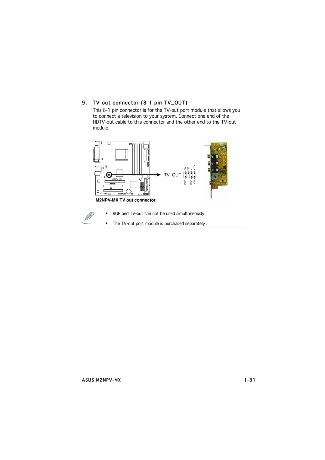 Asus M2NPV-MX manual TV-out connector 8-1 pin Tvout 