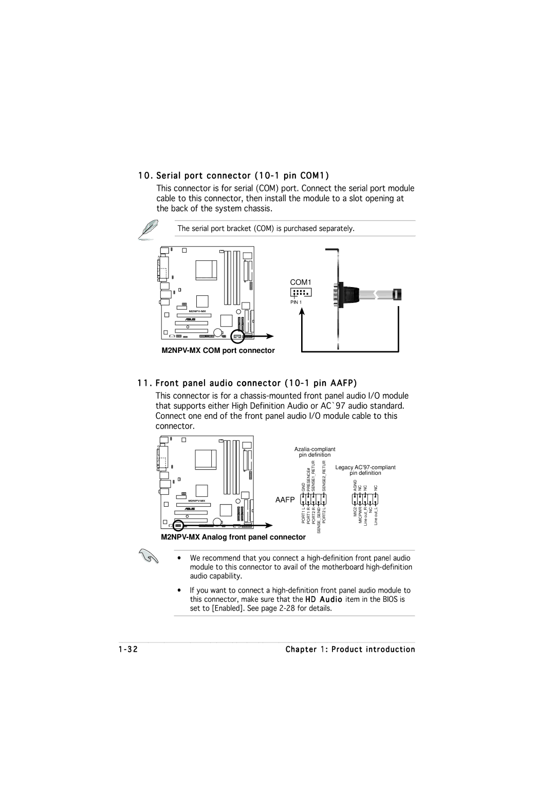 Asus M2NPV-MX manual Serial port connector 10-1 pin COM1, Front panel audio connector 10-1 pin Aafp 