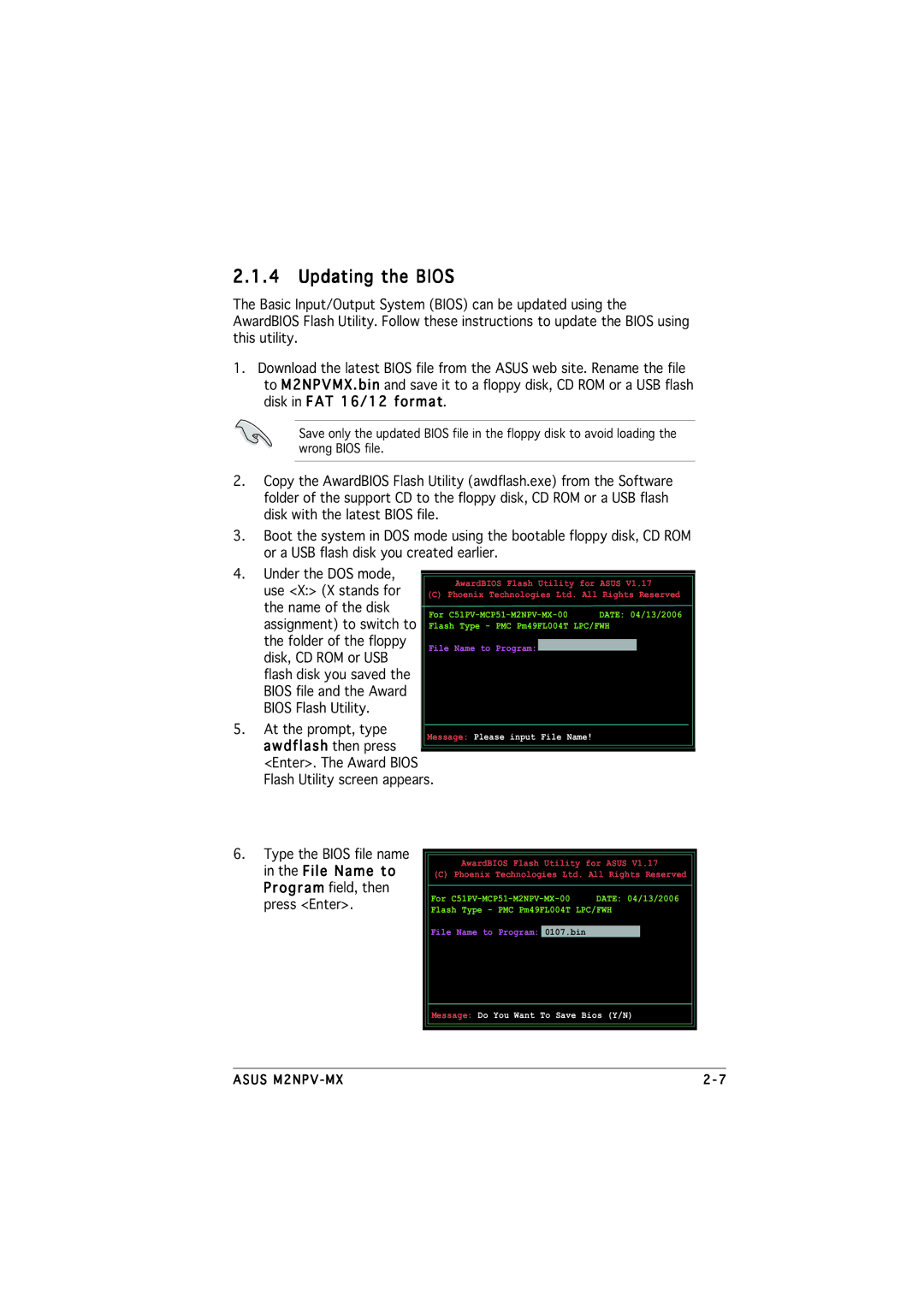 Asus M2NPV-MX manual Updating the Bios, Message Do You Want To Save Bios Y/N 