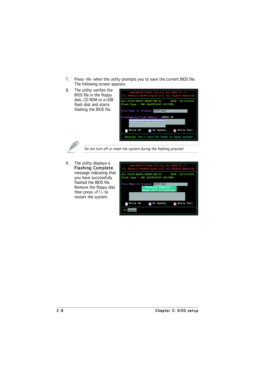 Asus M2NPV-MX manual Press F1 to Continue, Write OK No Update 