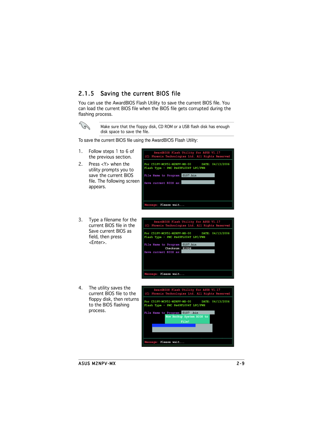 Asus M2NPV-MX manual Saving the current Bios file, Now Backup Syetem Bios to File Message Please wait 