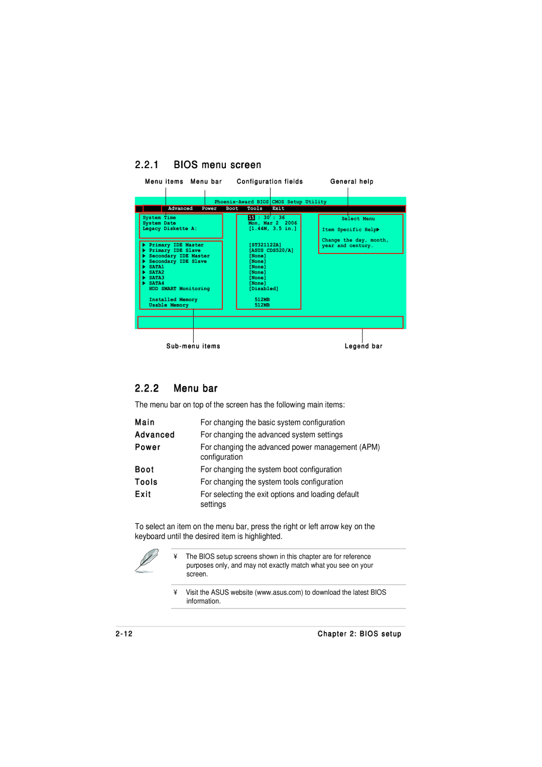 Asus M2NPV-MX manual Bios menu screen, Menu bar 