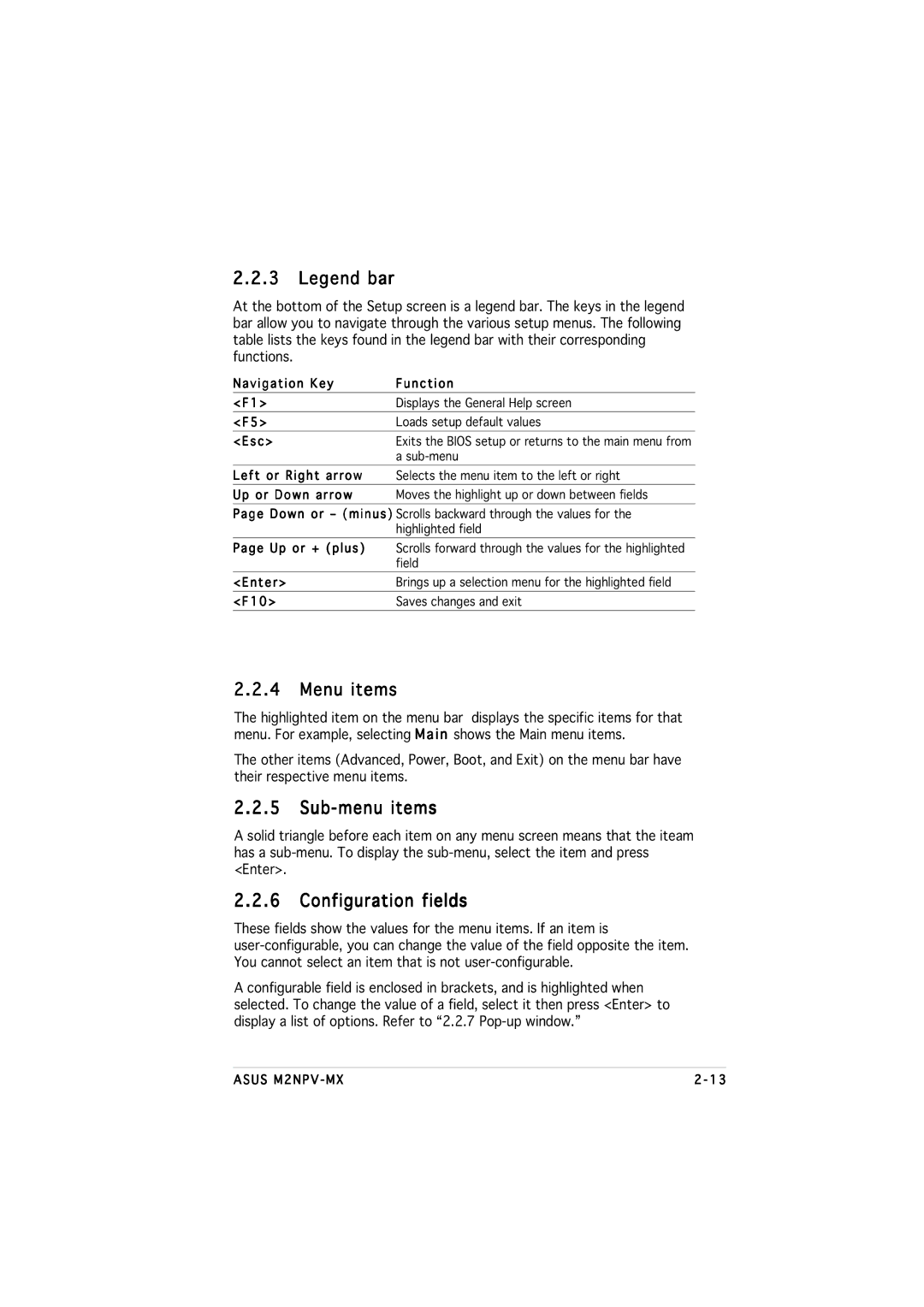 Asus M2NPV-MX manual Menu items, Sub-menu items, Configuration fields 