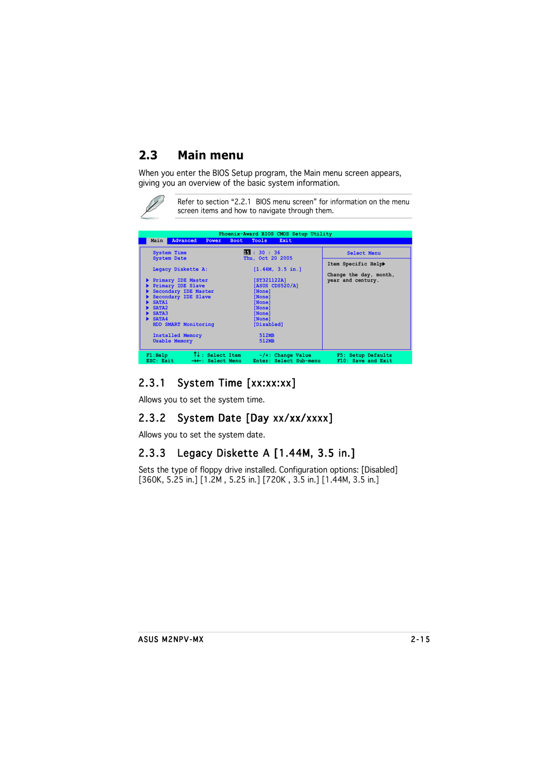 Asus M2NPV-MX manual Main menu, System Time, System Date Day xx/xx/xxxx, Legacy Diskette a 1.44M, 3.5 