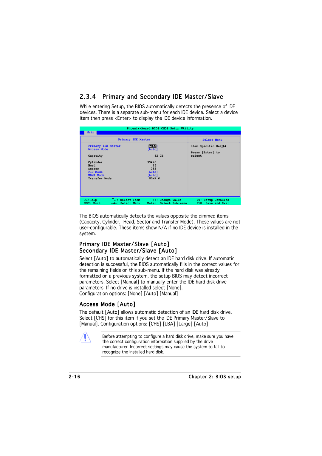 Asus M2NPV-MX manual Primary and Secondary IDE Master/Slave, Access Mode Auto 