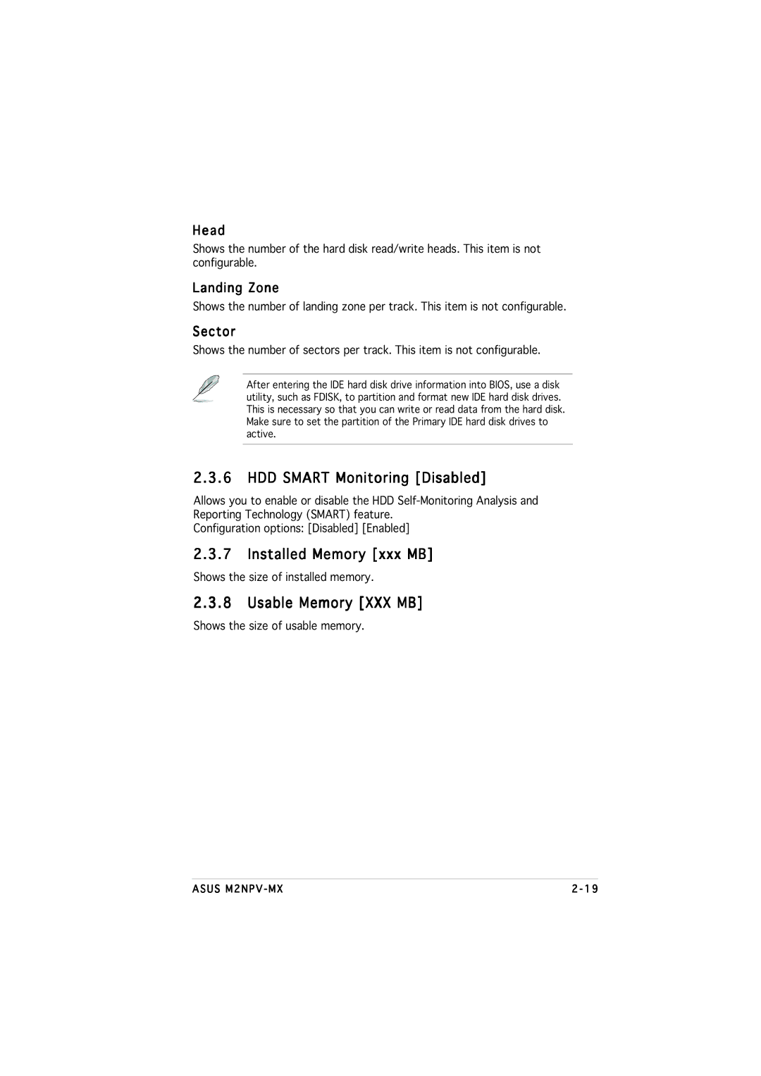 Asus M2NPV-MX manual HDD Smart Monitoring Disabled, Installed Memory xxx MB, Usable Memory XXX MB, Landing Zone 