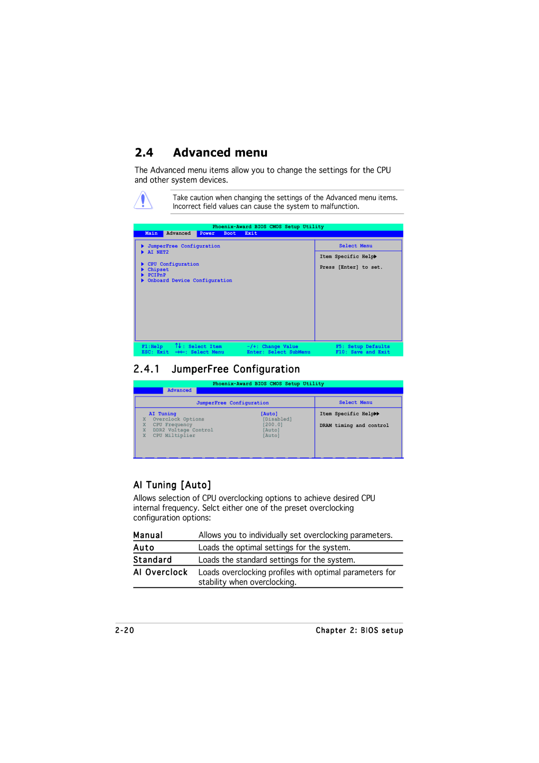 Asus M2NPV-MX manual Advanced menu, JumperFree Configuration, AI Tuning Auto, Stability when overclocking 
