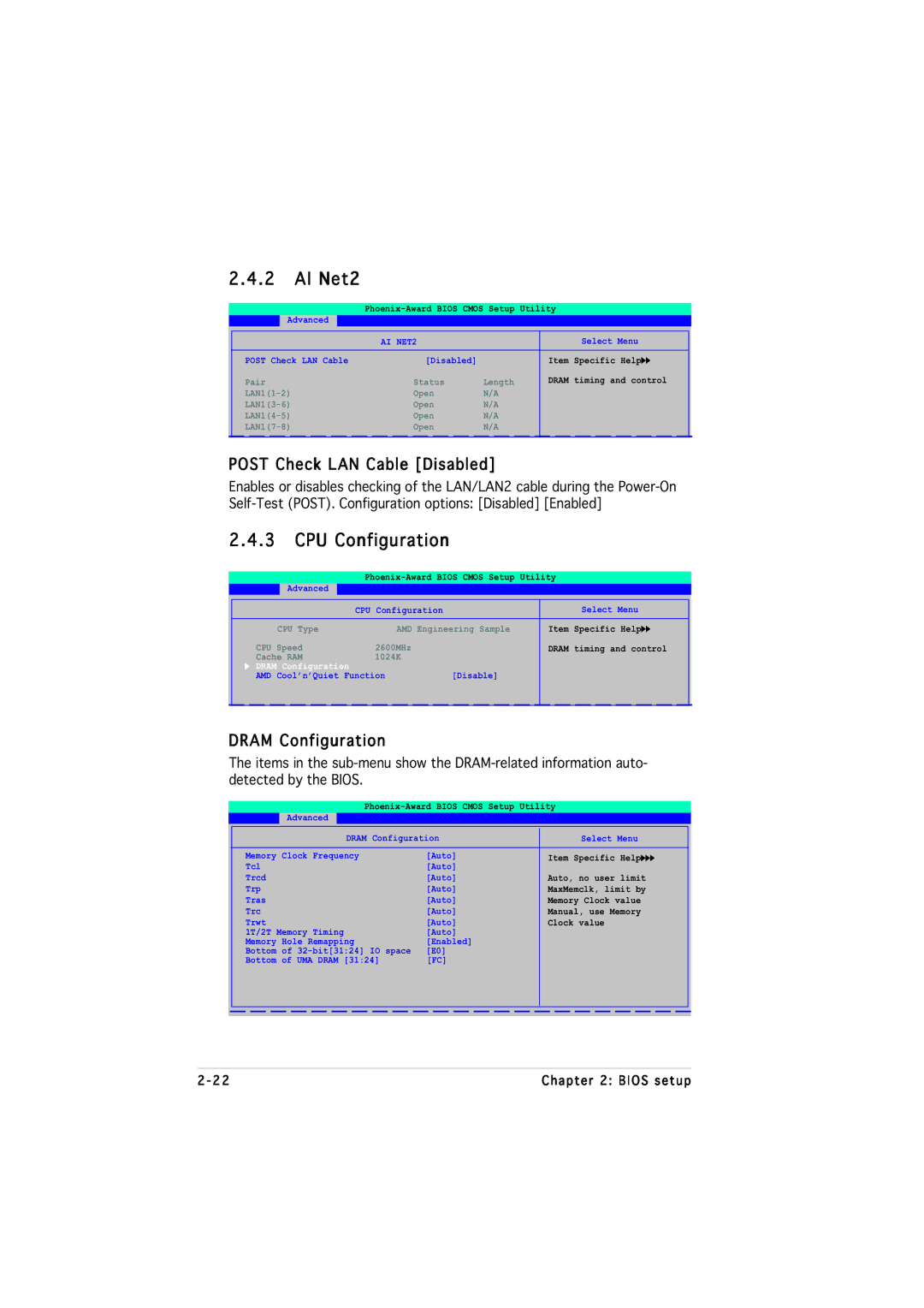 Asus M2NPV-MX manual AI Net2, CPU Configuration, Post Check LAN Cable Disabled, Dram Configuration 