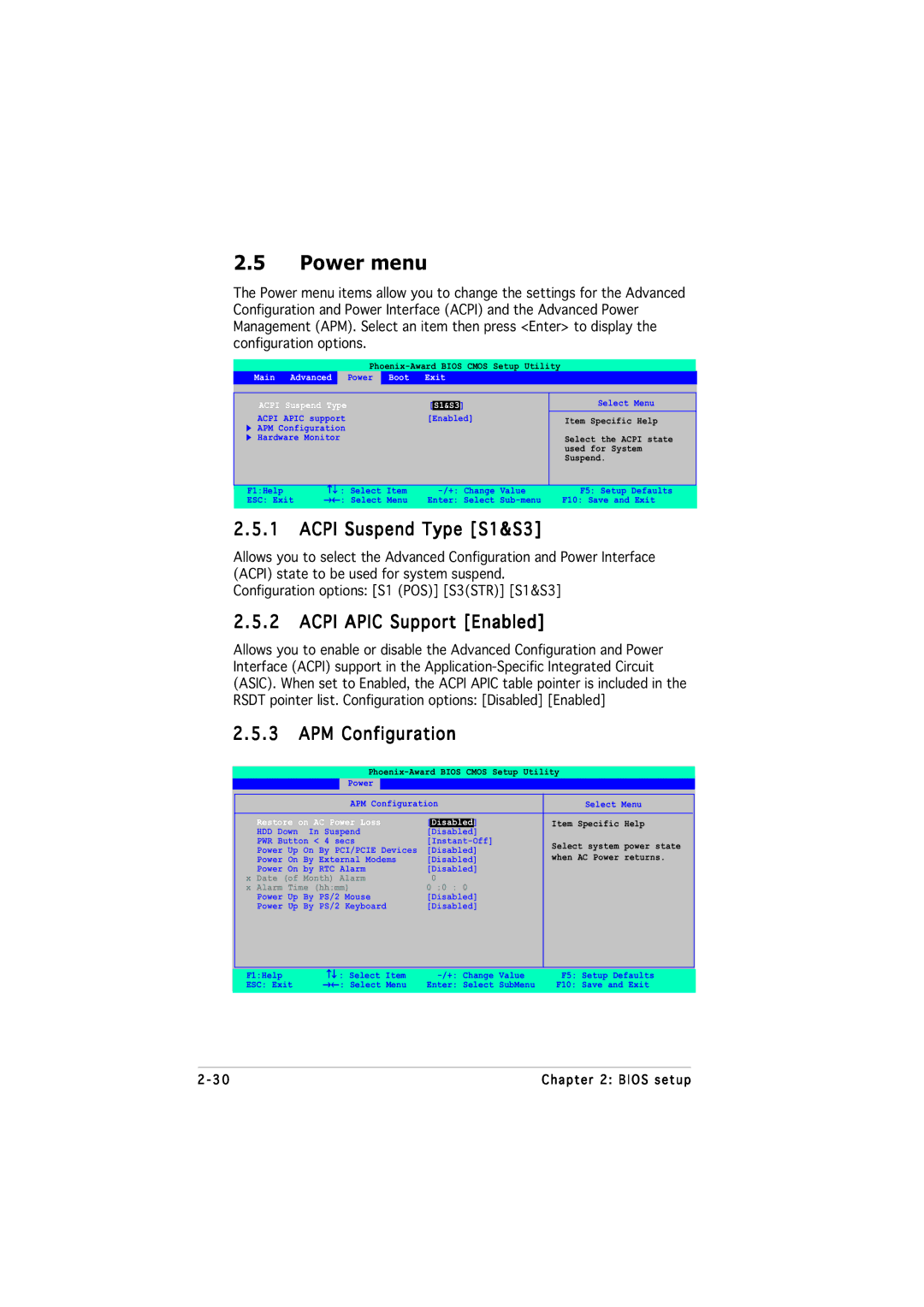 Asus M2NPV-MX manual Power menu, Acpi Suspend Type S1&S3, Acpi Apic Support Enabled, APM Configuration 