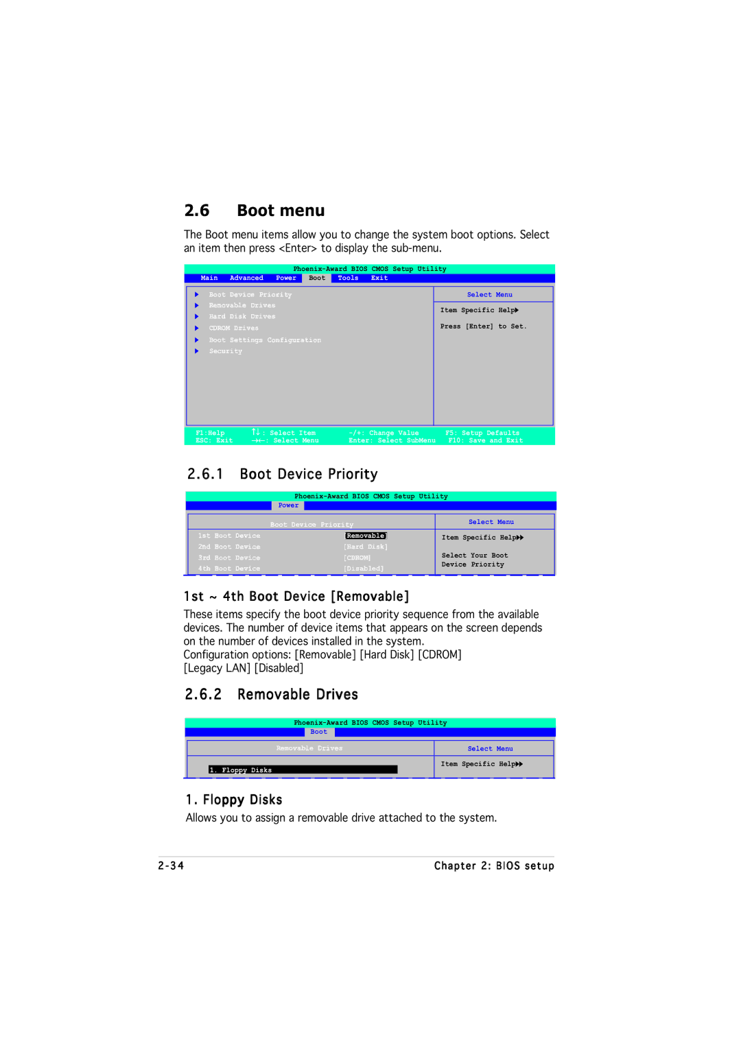 Asus M2NPV-MX manual Boot menu, Boot Device Priority, Removable Drives, 1st ~ 4th Boot Device Removable, Floppy Disks 