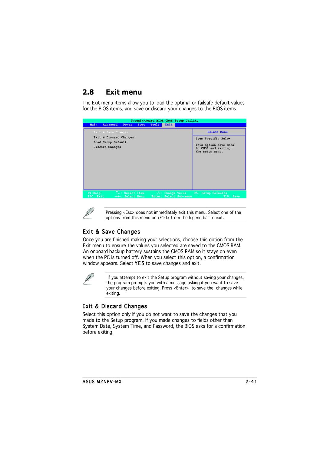 Asus M2NPV-MX manual Exit menu, Exit & Save Changes, Exit & Discard Changes, Main Advanced Power Boot Tools 