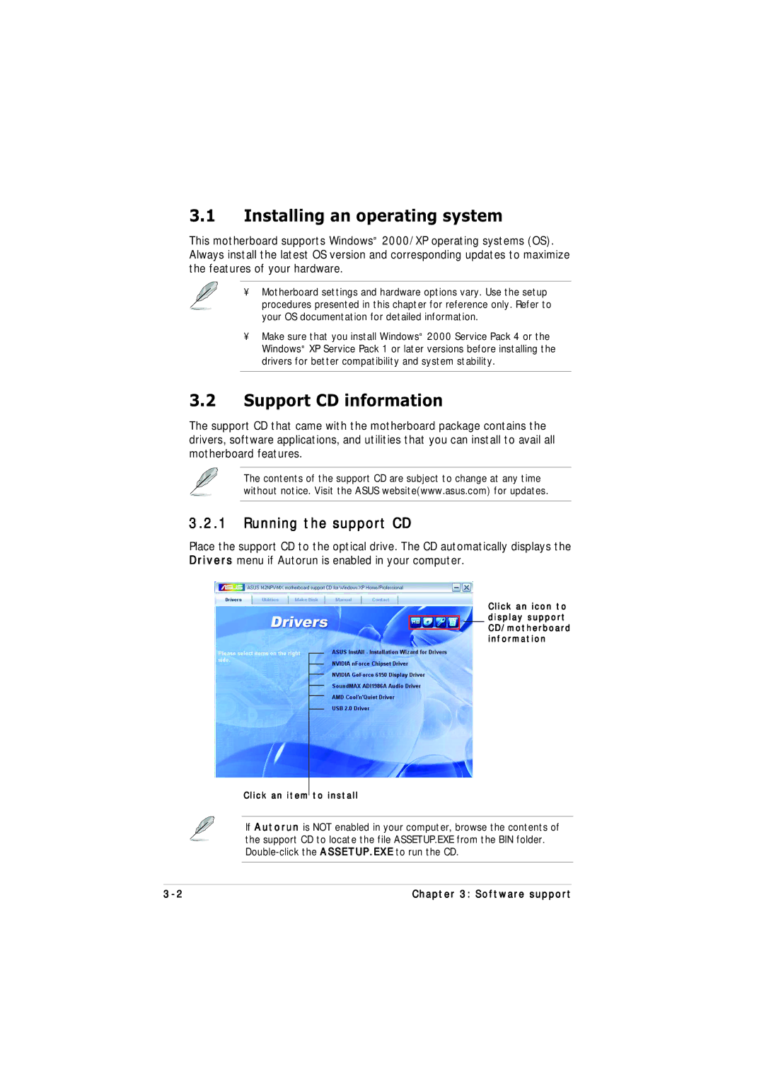 Asus M2NPV-MX manual Installing an operating system, Support CD information, Running the support CD 