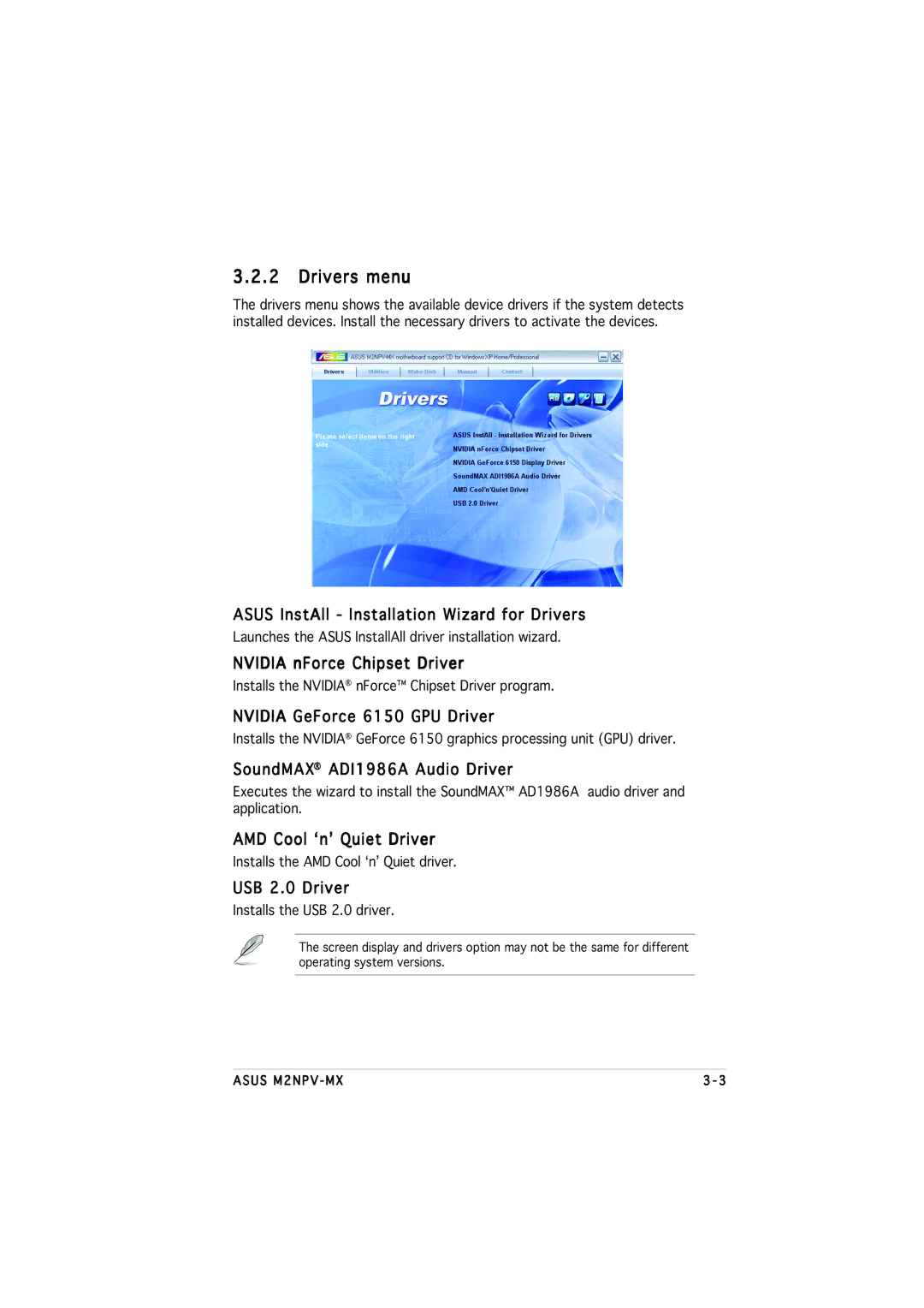 Asus M2NPV-MX manual Drivers menu 